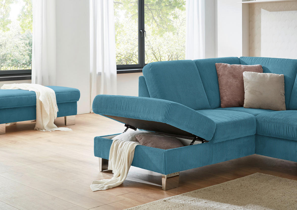 ECKSOFA in Cord Petrol  - Edelstahlfarben/Petrol, Konventionell, Textil/Metall (200/248cm) - Beldomo System