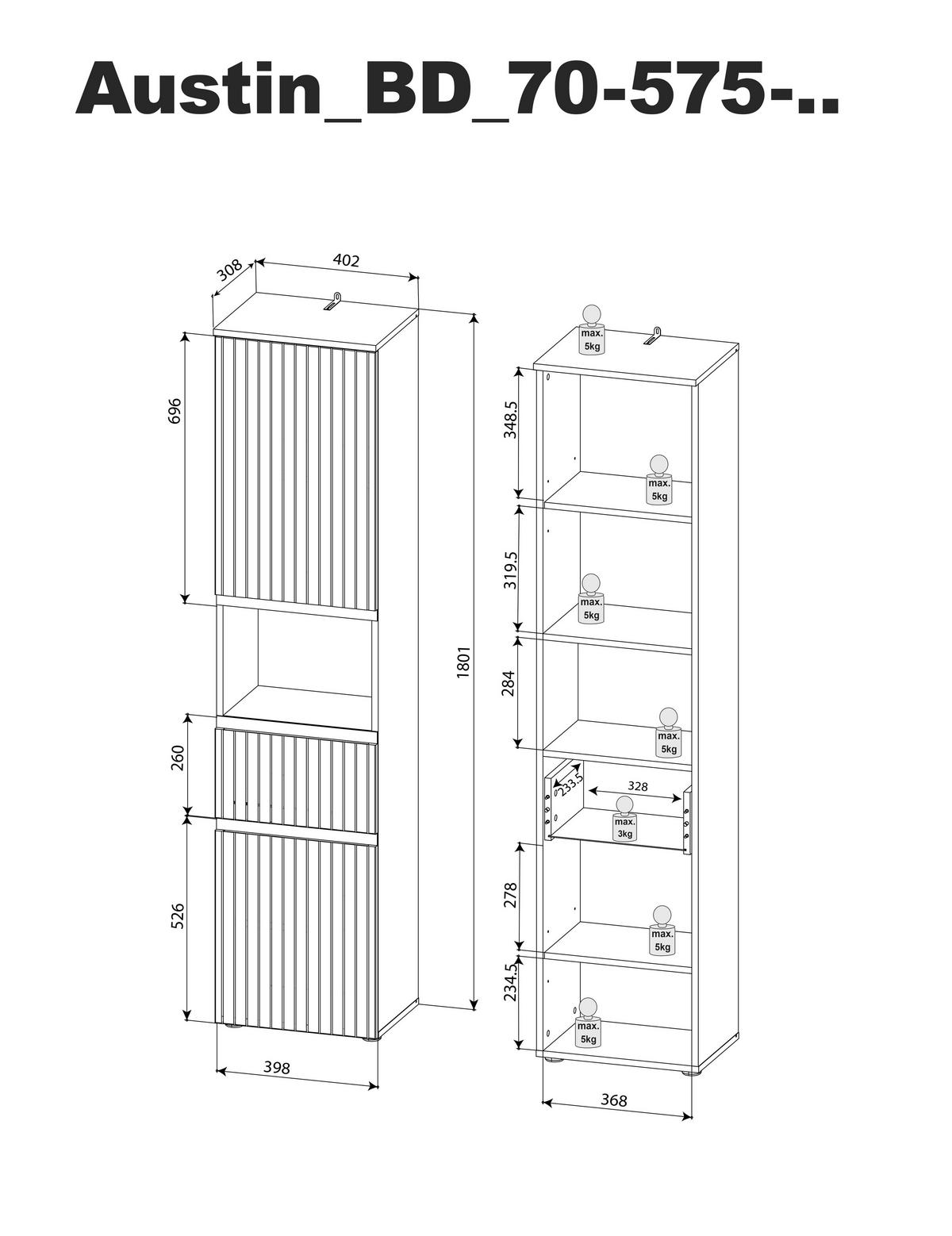 HOCHSCHRANK 40/181/31 cm  - Eiche grau/Schwarz, MODERN, Holzwerkstoff/Kunststoff (40/181/31cm) - MID.YOU