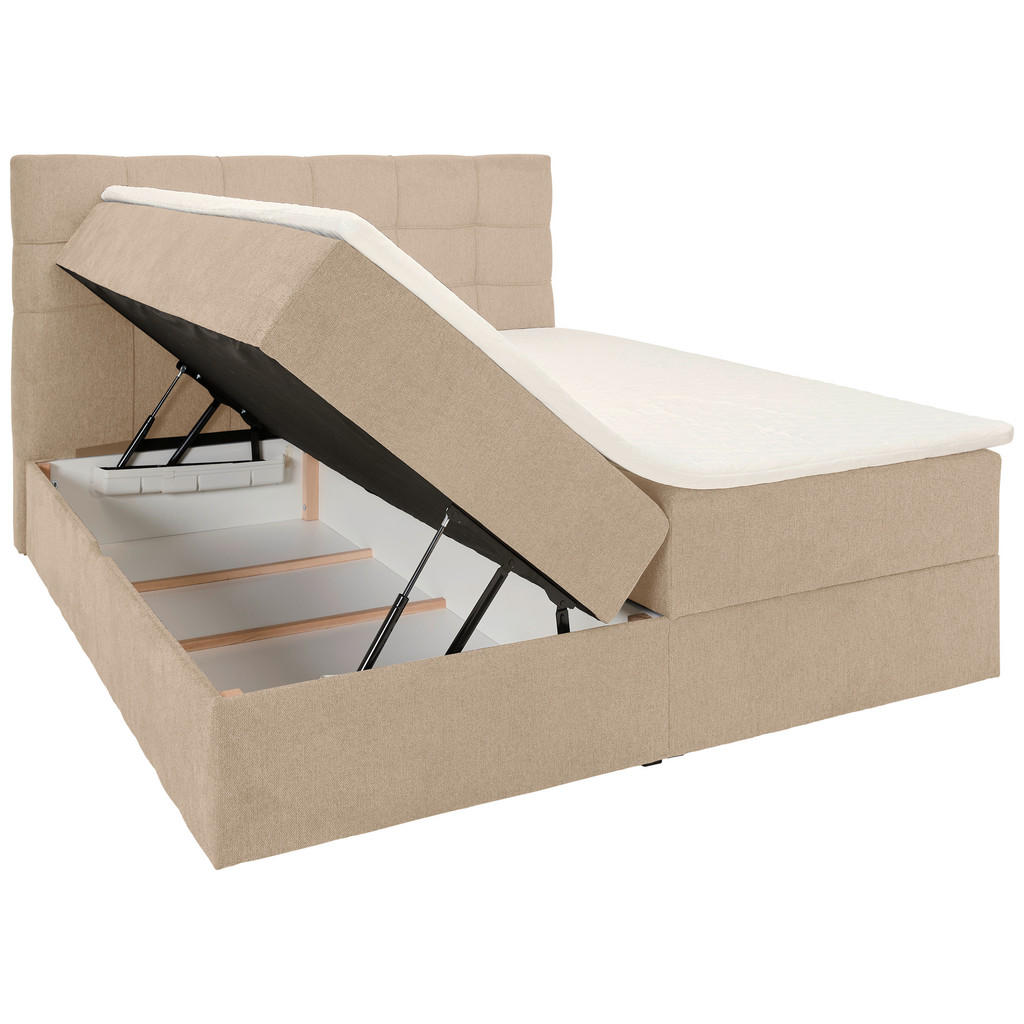 Thumbnail - Boxxx Boxbett, Creme, Textil, H3, Höhe ca. 25 cm, 140x200 cm, Bettkasten, gepolstertes Kopfteil, Topper durchgehend, in ...
