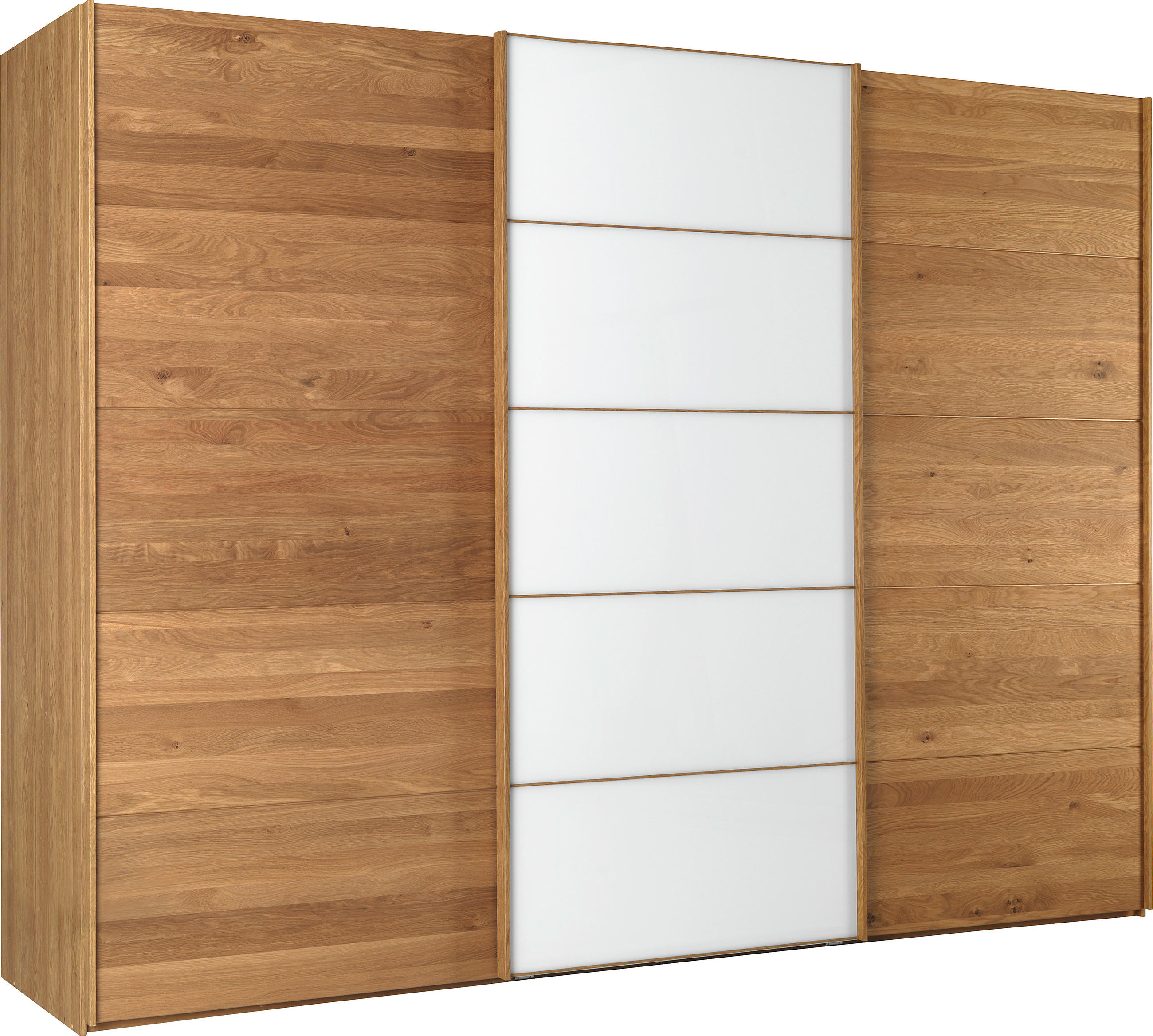Linea Natura Schwebetürenschrank Weiß, Eiche 300x217x67 cm