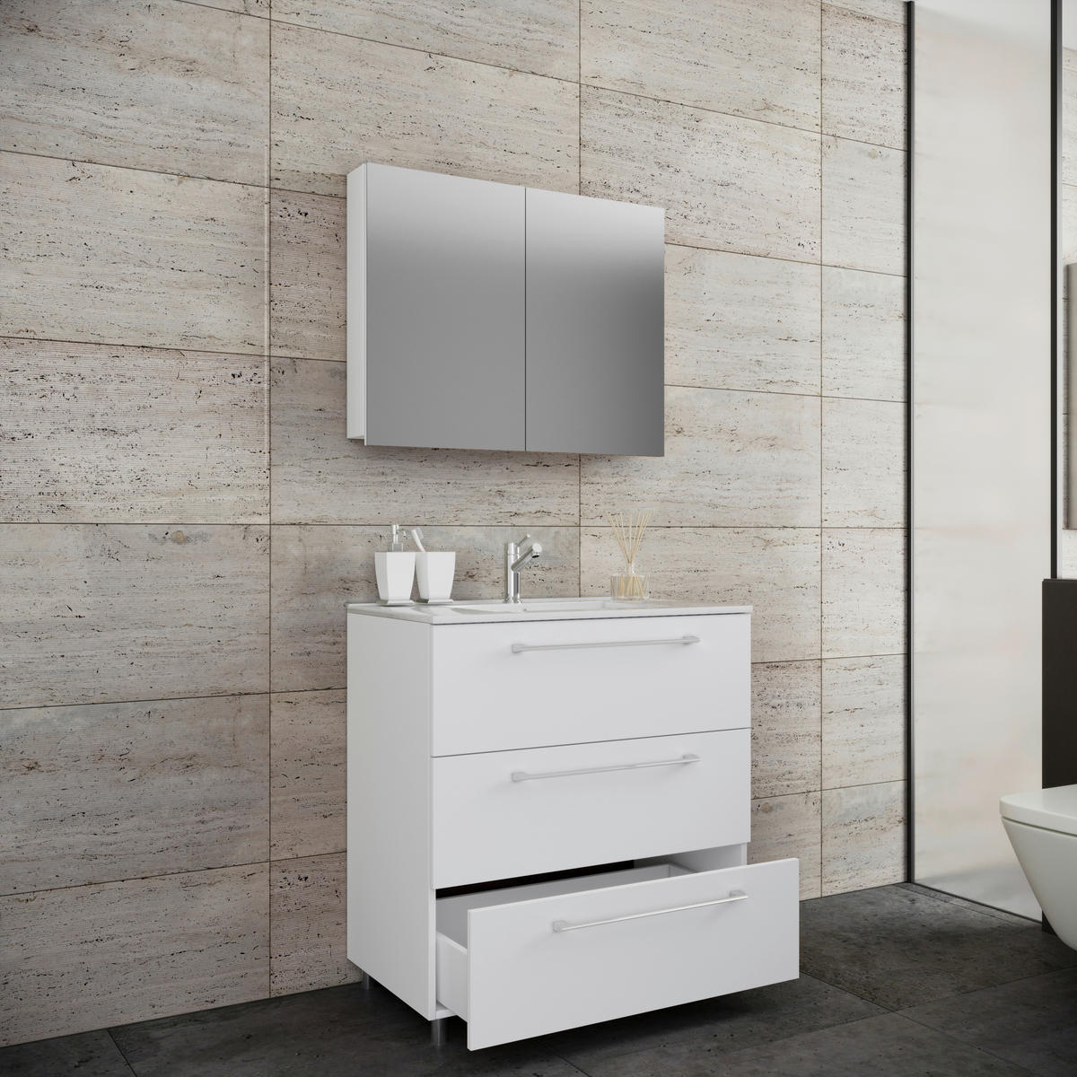 BADEZIMMER 3-teilig  in 80 cm  - Weiss/Alufarben, Modern, Keramik/Holzwerkstoff (80cm) - MID.YOU