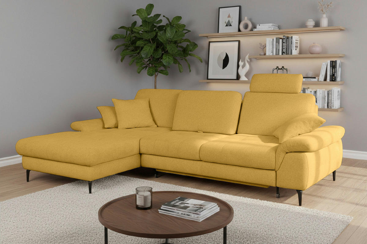 ECKSOFA ALMA Gelb Chenille Bettkasten, Armteilverstellung, Sitztiefenverstellung, Kopfstütze  - Gelb/Schwarz, Design, Textil/Metall (191/285cm) - Livetastic