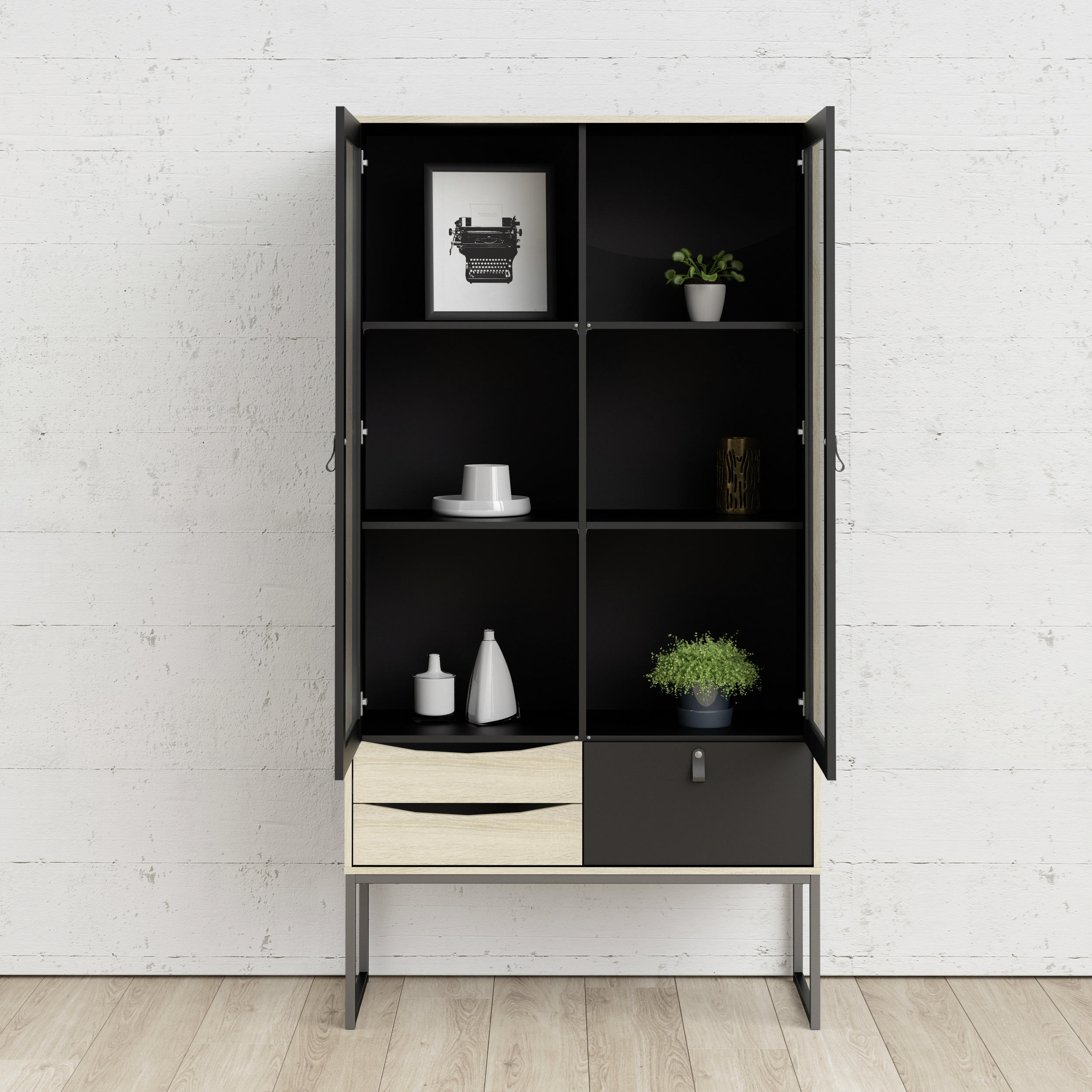 VITRINSKÅP i delar i massivt trä svart, ekfärgad  - svart/ekfärgad, Design, metall/trämaterial (98/189/40cm) - Best Price