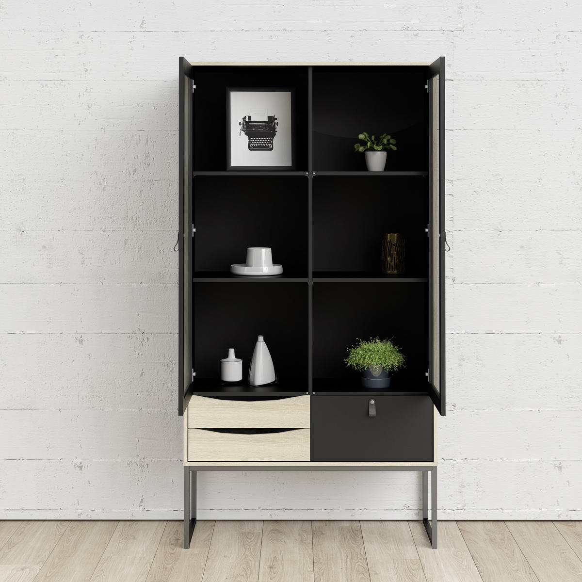 VITRINSKÅP i delar i massivt trä svart, ekfärgad  - svart/ekfärgad, Design, metall/trämaterial (98/189/40cm) - Best Price