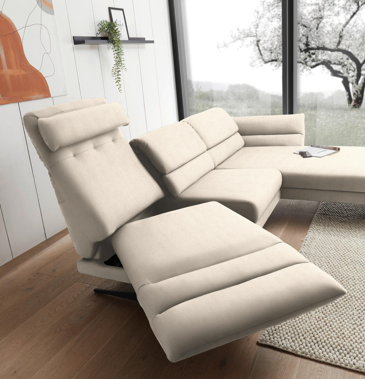 ECKSOFA in Flachgewebe Magnolie  - Magnolie/Schwarz, Design, Textil/Metall (279-327/176-217cm) - Dieter Knoll