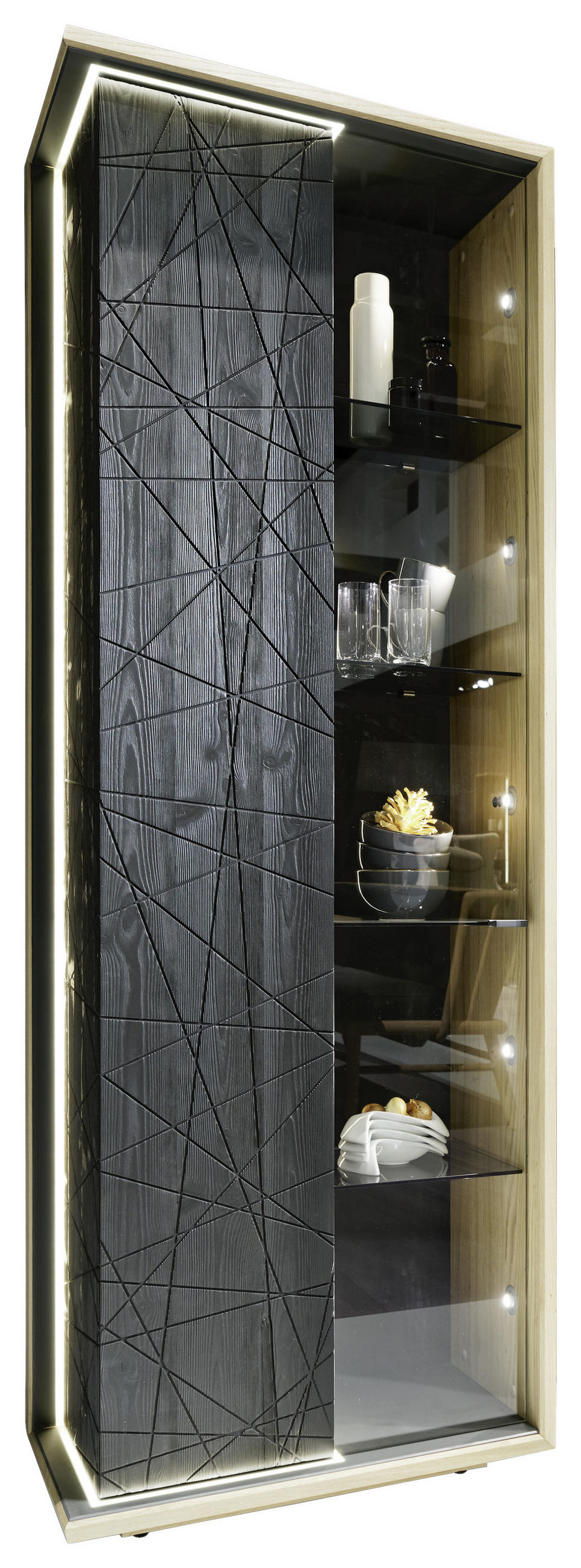 Vitrine in furniert, mehrschichtige Massivholzplatte (Tischlerplatte) Eiche, Lärche Schwarz, Eichefarben