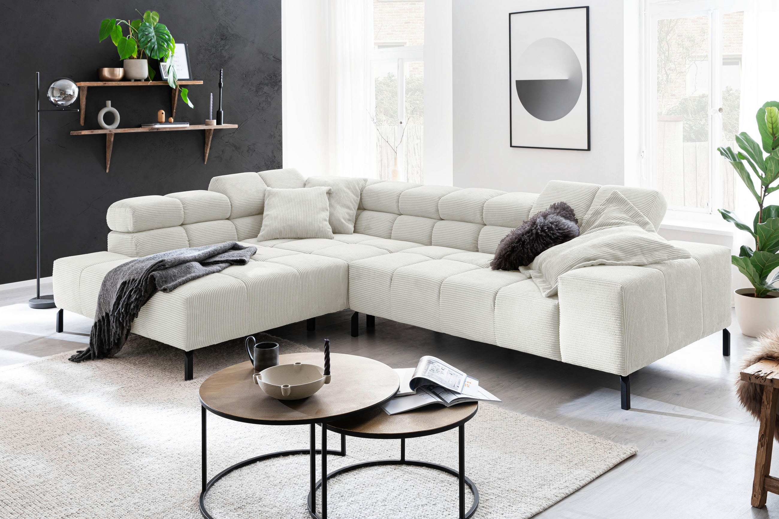 ECKSOFA Weiß Cord  - Schwarz/Weiß, Design, Textil/Metall (216/321cm) - Hom`in