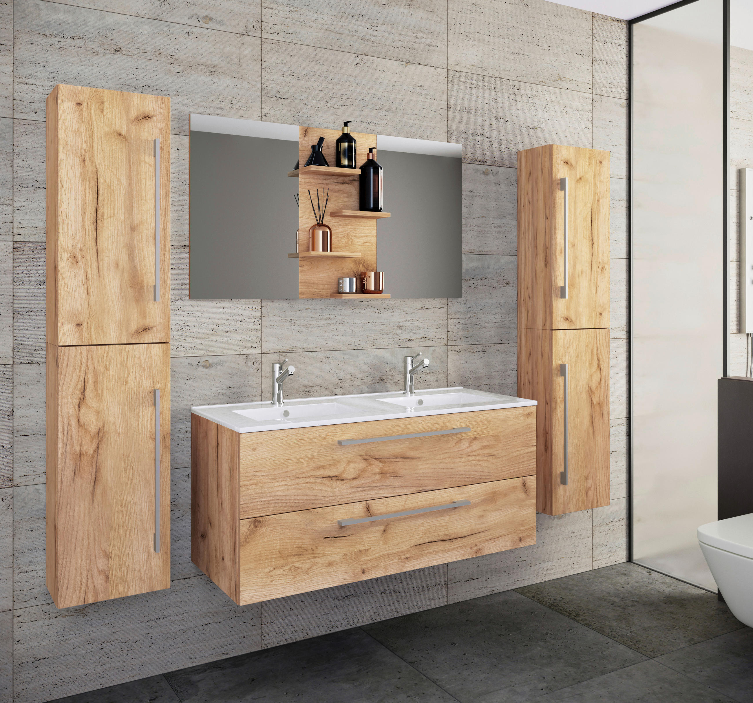 BADEZIMMER 5-teilig in 178 cm - Honigeiche/Alufarben, MODERN, Keramik/Holzwerkstoff (178cm) - MID.YOU