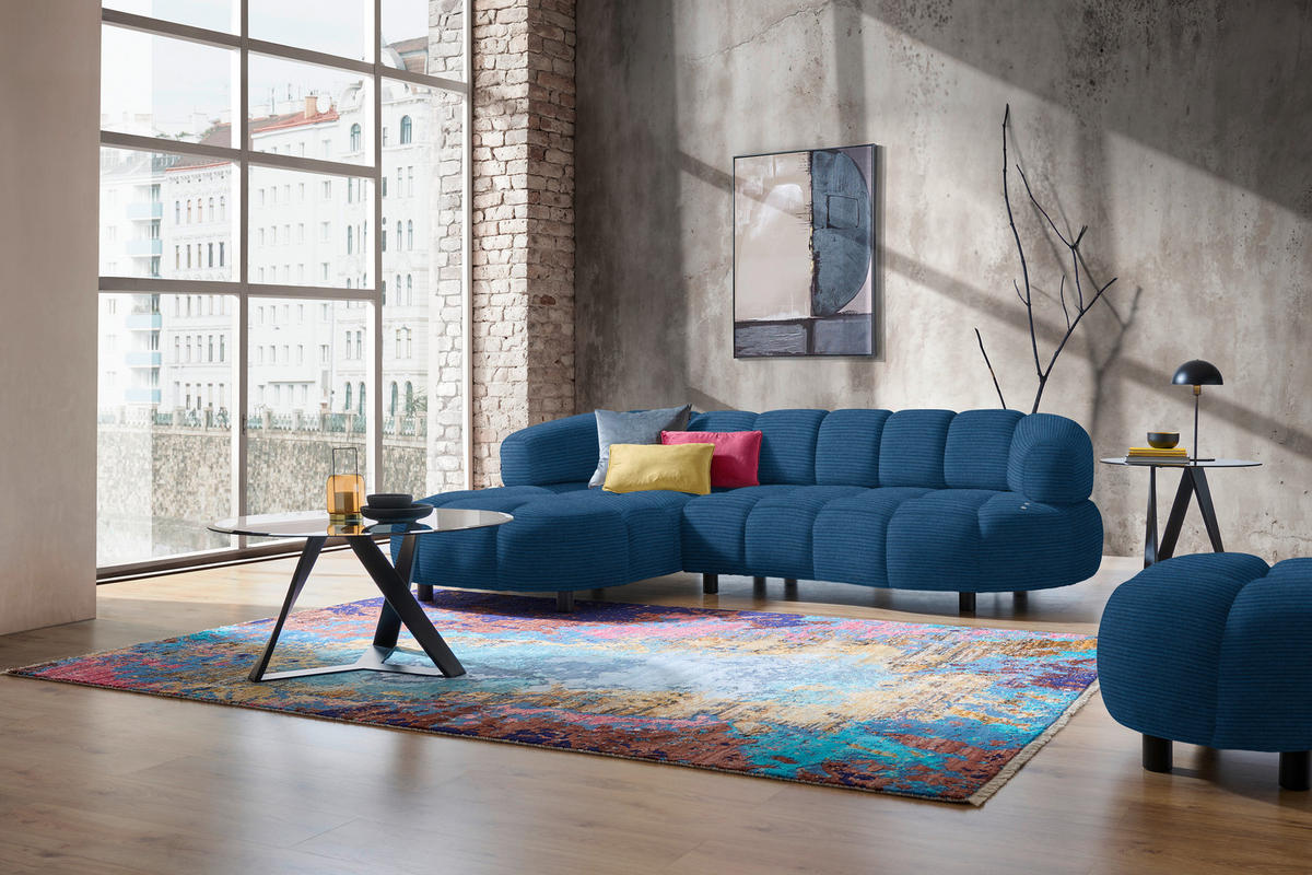 ECKSOFA in Cord, Velours Blau  - Blau/Schwarz, Design, Holz/Textil (183/284cm) - Welnova