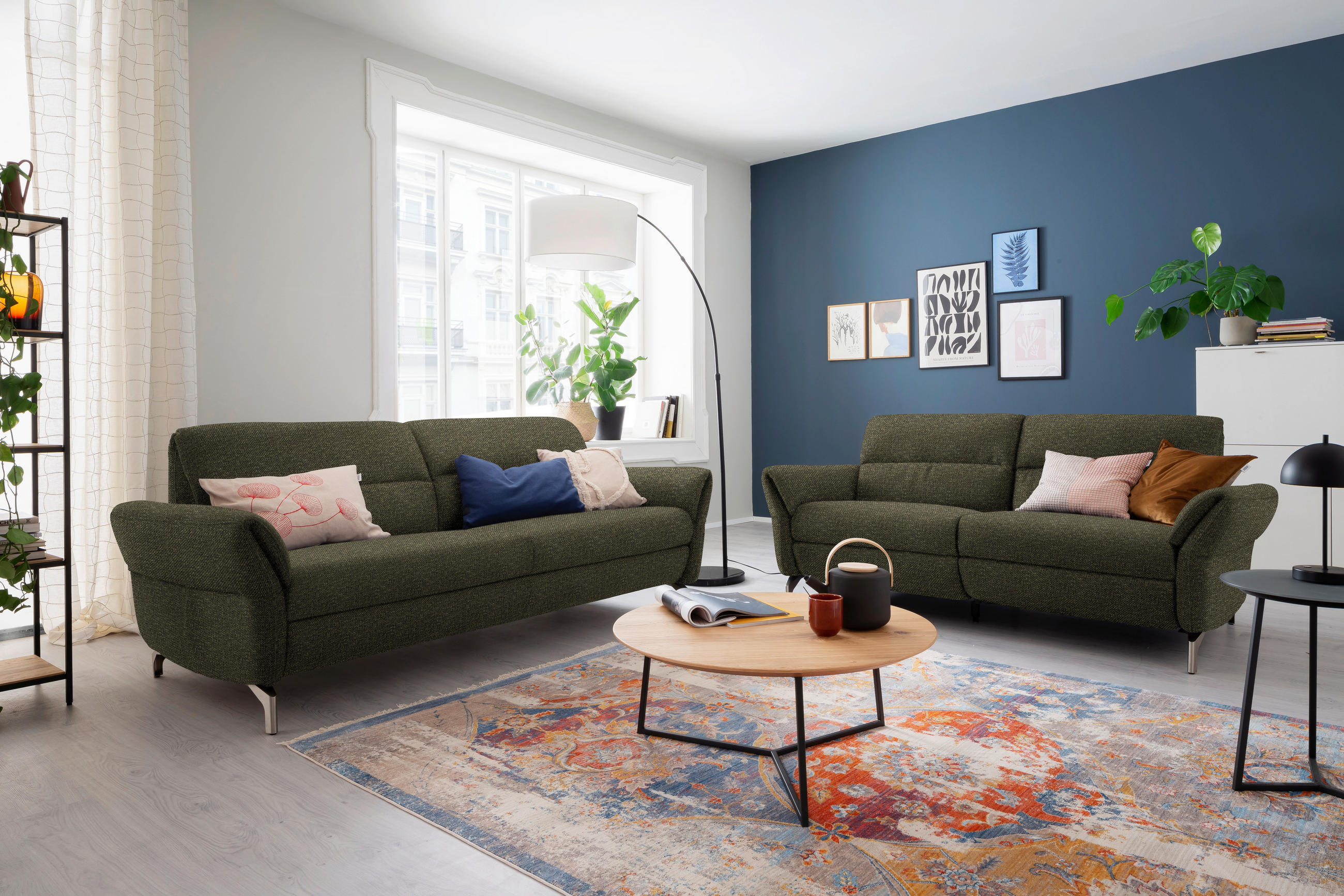 2-SITZER-SOFA Flachgewebe Khaki  - Khaki/Nickelfarben, Design, Textil/Metall (186/87/100cm) - Schöner Wohnen
