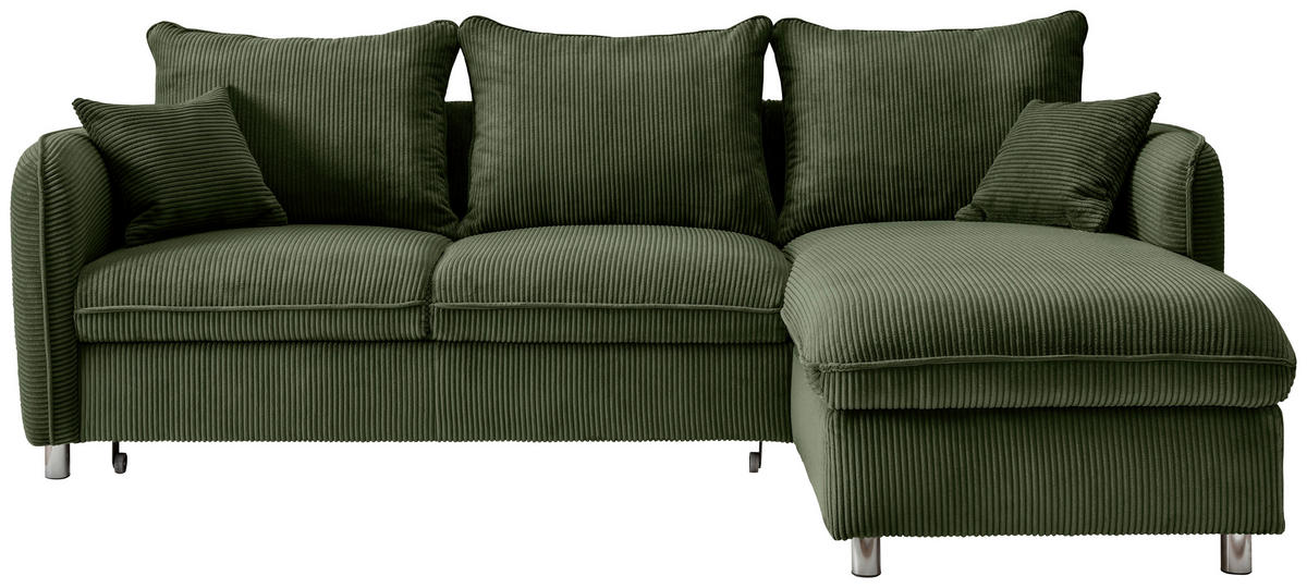 ECKSCHLAFSOFA in Cord Dunkelgrün  - Chromfarben/Dunkelgrün, Modern, Textil/Metall (254/160cm) - Livetastic