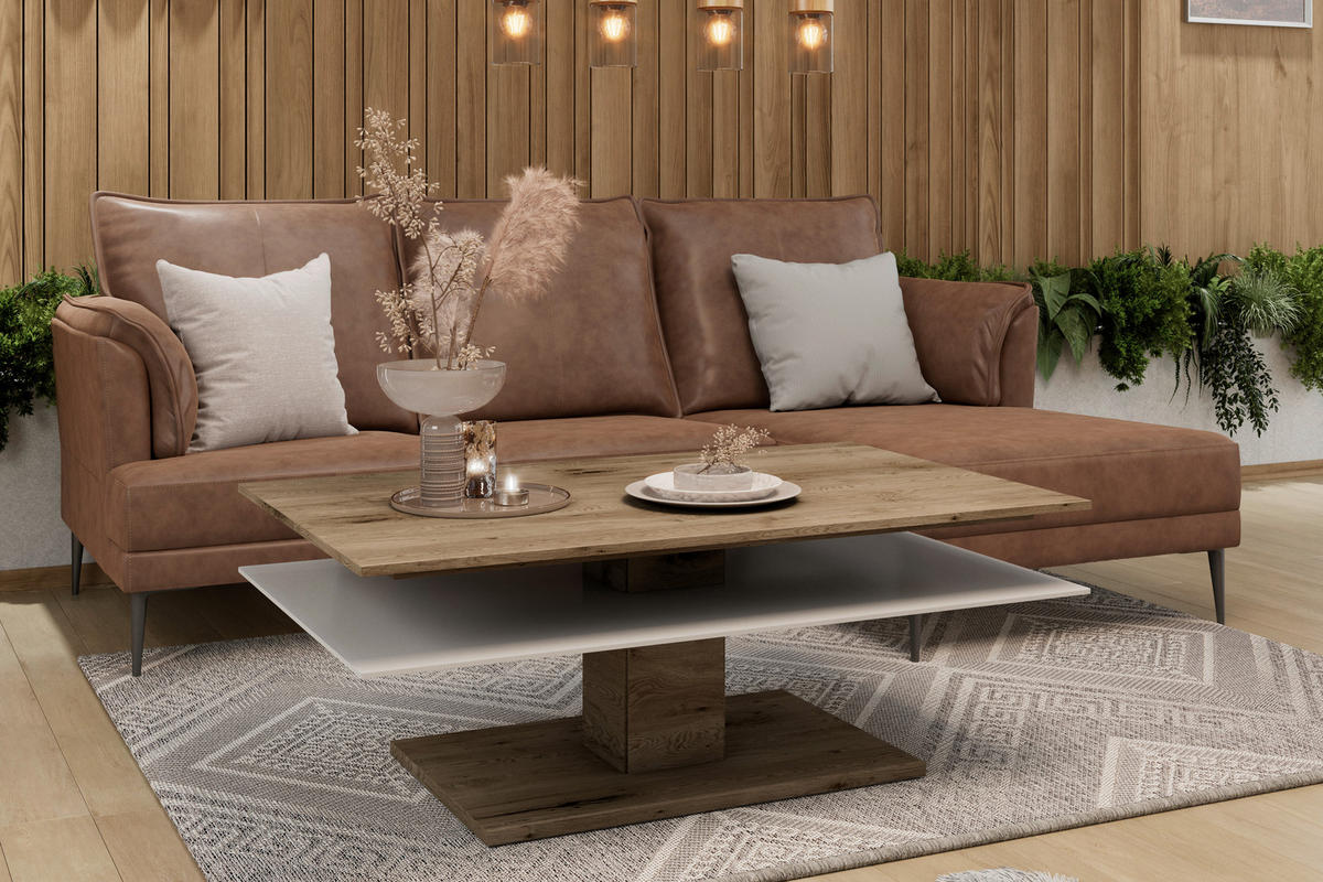 COUCHTISCH in Holz, Glas 120/75/46 cm  - Weiss/Eichefarben, Design, Glas/Holz (120/75/46cm) - Voglauer