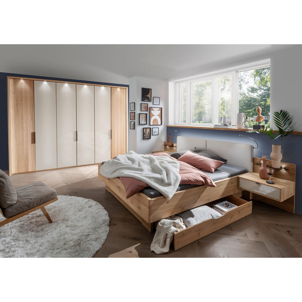 Thumbnail - Venda Drehtürenschrank NEW York, Champagner, Eiche Bianco, Metall, 6 Fächer, 300x216x58 cm, ISO 9001, Goldenes M, Made i...