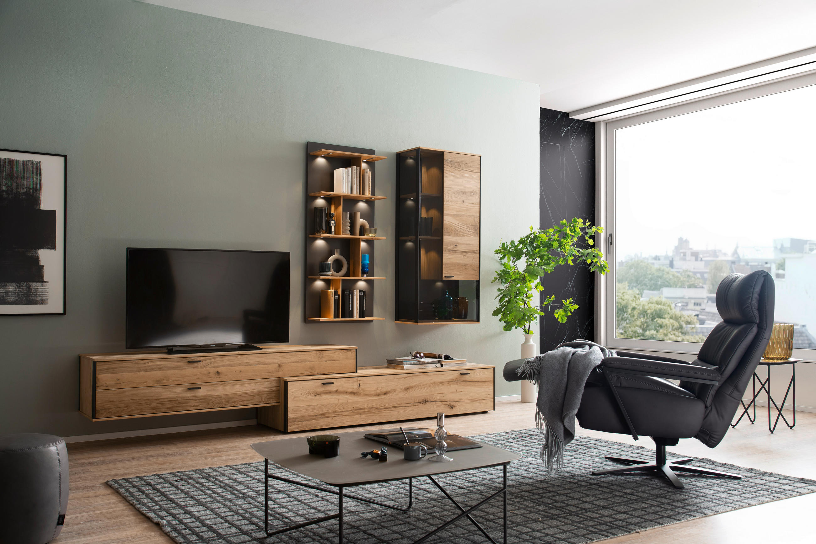 WOHNWAND 4-teilig  in Anthrazit, Eichefarben  303/207/53 cm  - Eichefarben/Anthrazit, Design, Glas/Holz (303/207/53cm) - Schöner Wohnen