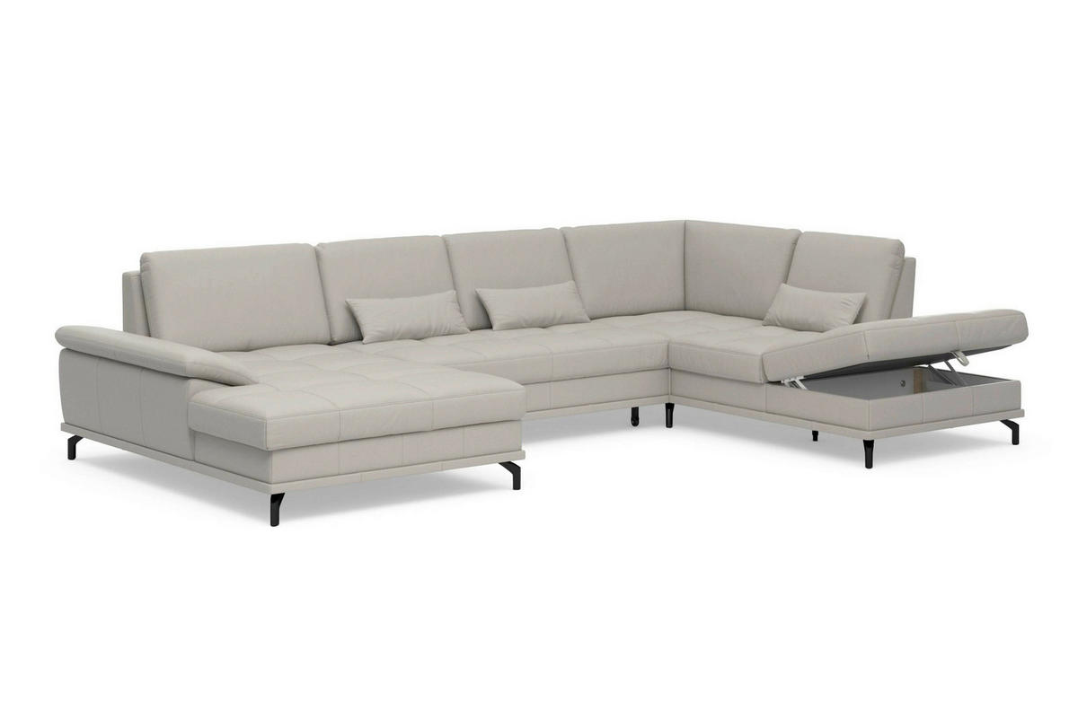 WOHNLANDSCHAFT COSTELLO E Hellgrau Kombination Echtleder/Stoff Mikrofaser  - Hellgrau/Schwarz, Basics, Leder/Textil (176/363/223cm) - Sit & More