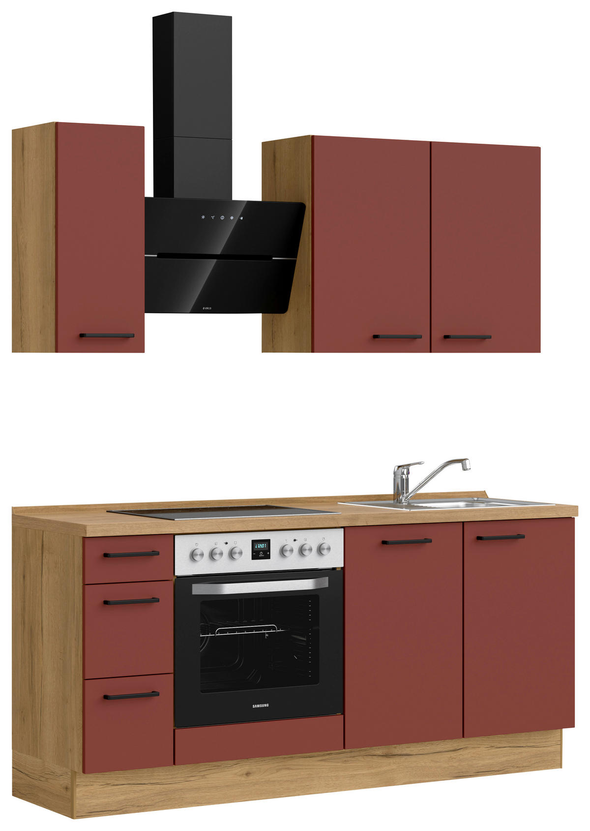KÜCHENBLOCK Easytouch 180 cm  in Eichefarben, Dunkelrot  - Eichefarben/Schwarz, MODERN, Holzwerkstoff/Metall (180cm) - Nobilia