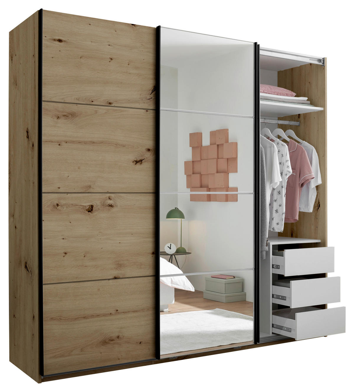 SCHWEBETÜRENSCHRANK 215/204/60 cm 3-türig Eiche Artisan  - Schwarz/Eiche Artisan, KONVENTIONELL, Glas/Holzwerkstoff (215/204/60cm) - Boxxx