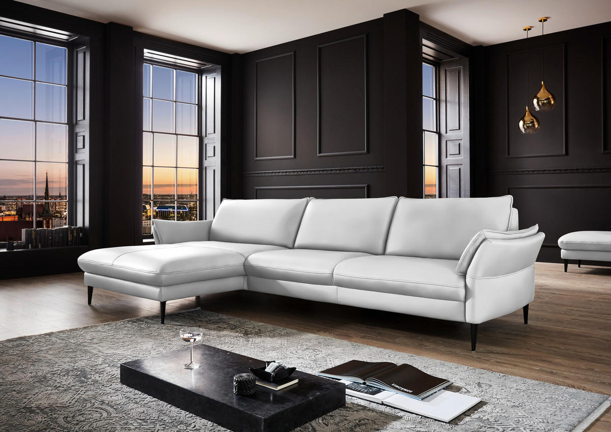 ECKSOFA in Echtleder Weiß  172/334 cm  - Schwarz/Weiß, Design, Leder/Metall (172/334cm) - Hukla