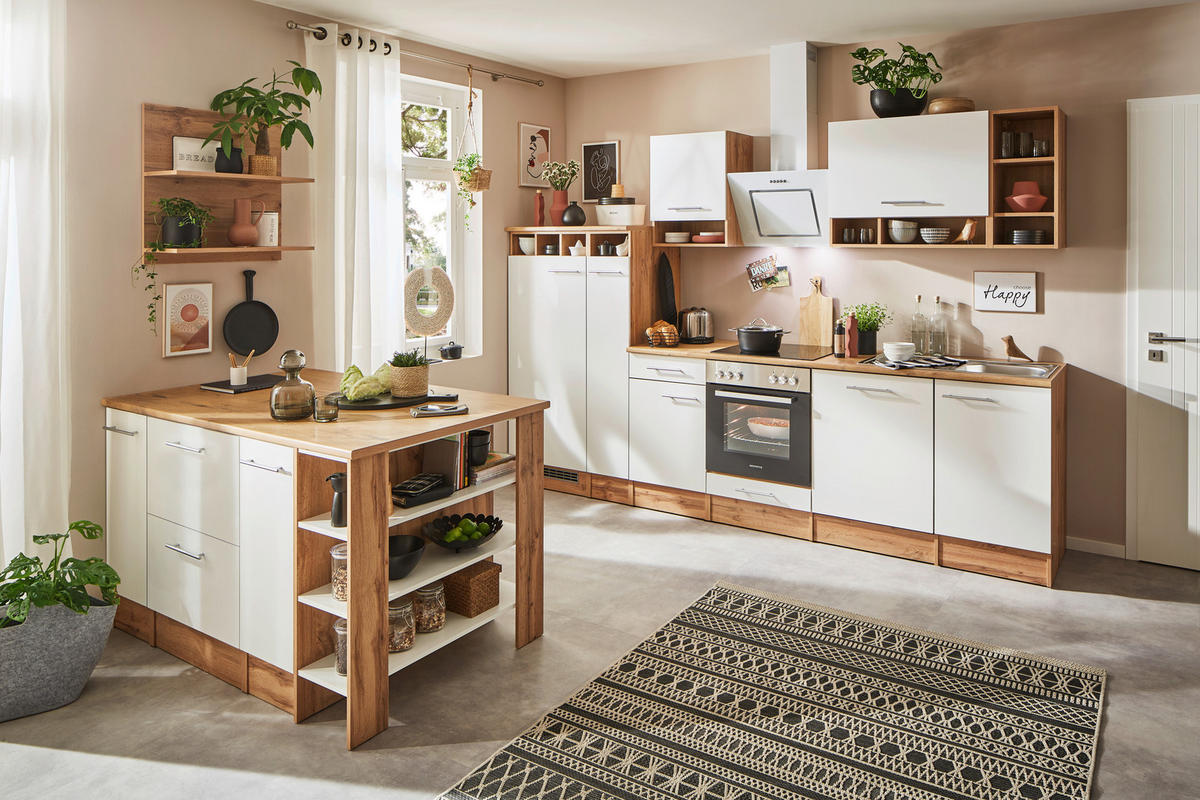 KÜCHENBLOCK 310-150 cm   in Weiß  - Wildeiche/Alufarben, Design, Holzwerkstoff/Metall (310-150cm) - Respekta