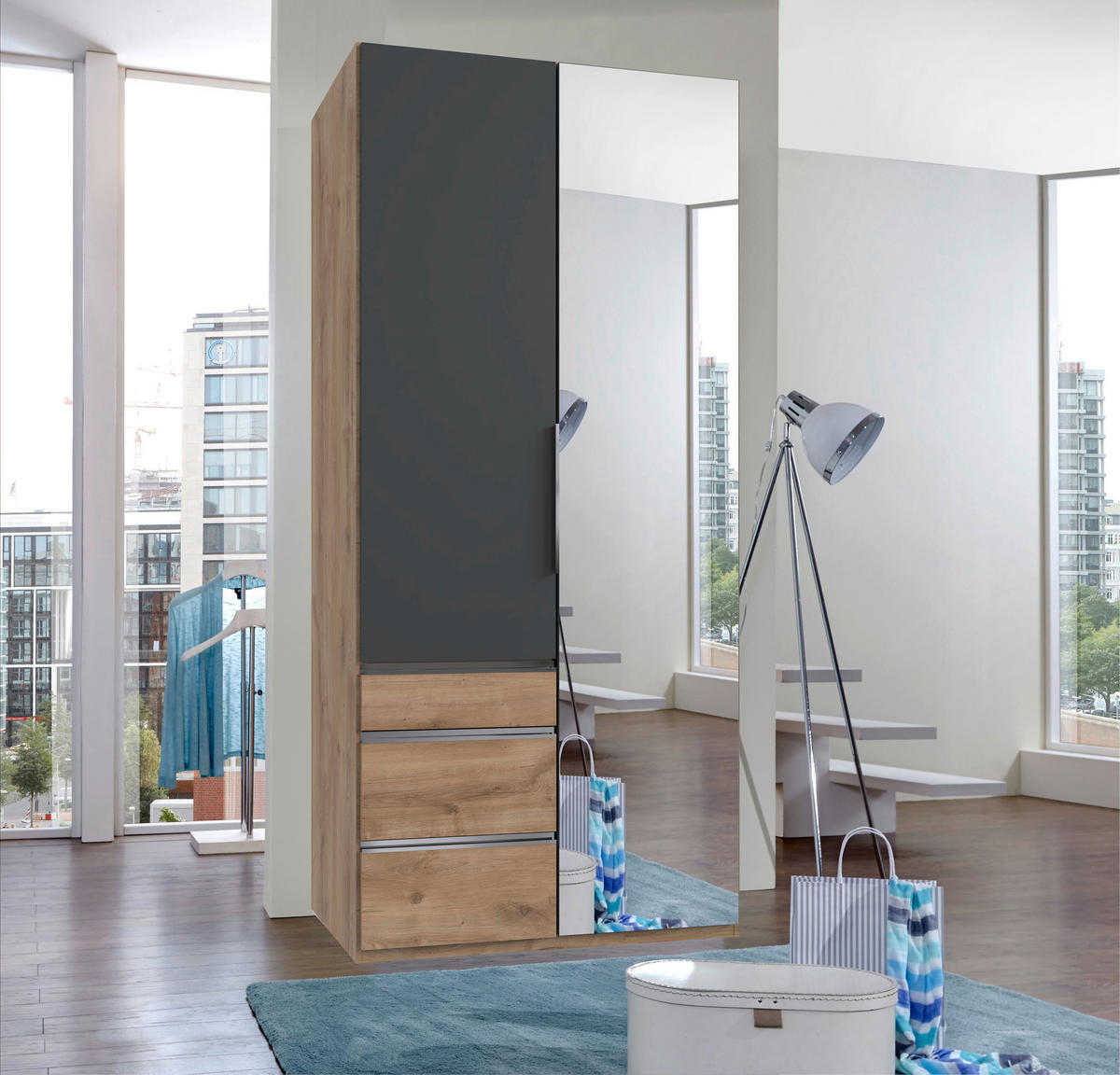 DREHTÜRENSCHRANK Graphitfarben, Plankeneiche  - Chromfarben/Plankeneiche, Konventionell, Glas/Holzwerkstoff (100/216/58cm) - MID.YOU