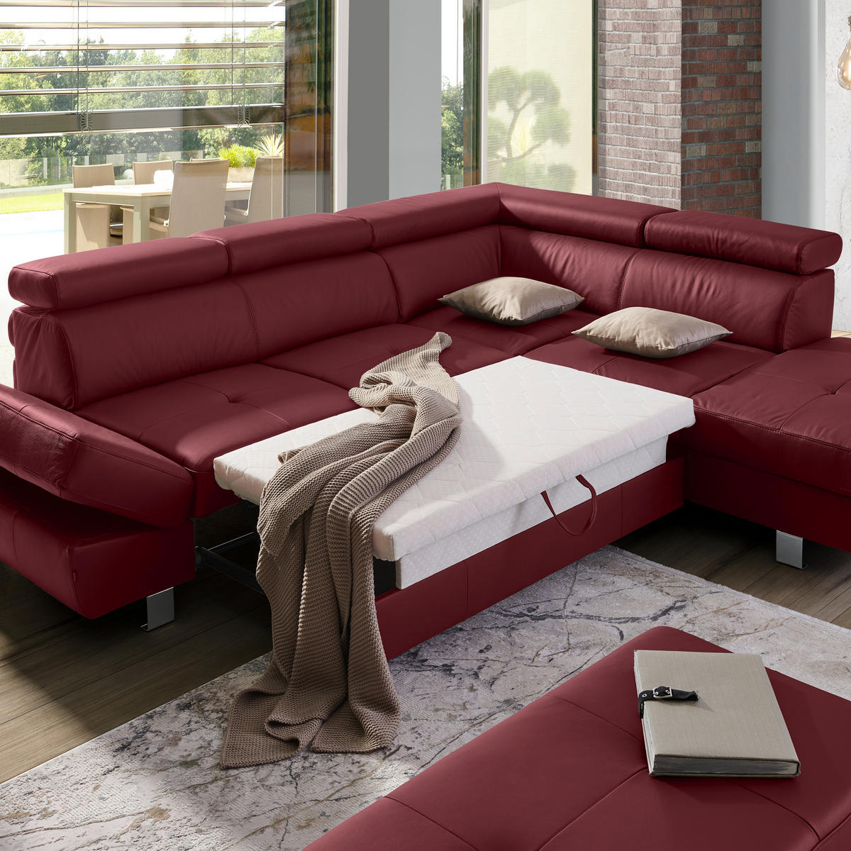 Ecksofa inkl. Funktion Bordeaux Kombination Echtleder/Lederlook Lederlook  - Chromfarben/Bordeaux, Design, Leder/Textil (265/212cm) - Stylife