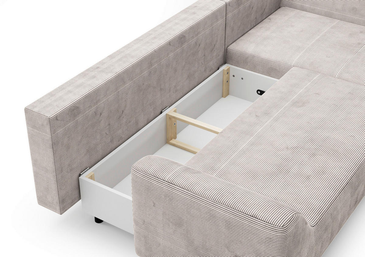 ECKSCHLAFSOFA  mit Bettkasten erhältlich, seitenverkehrt erhältlich, Schlafen auf Sitzhöhe, Bettfunktion erhältlich, Rücken echt Cord Creme  - Creme/Schwarz, Design, Textil/Metall (273/167cm) - MID.YOU