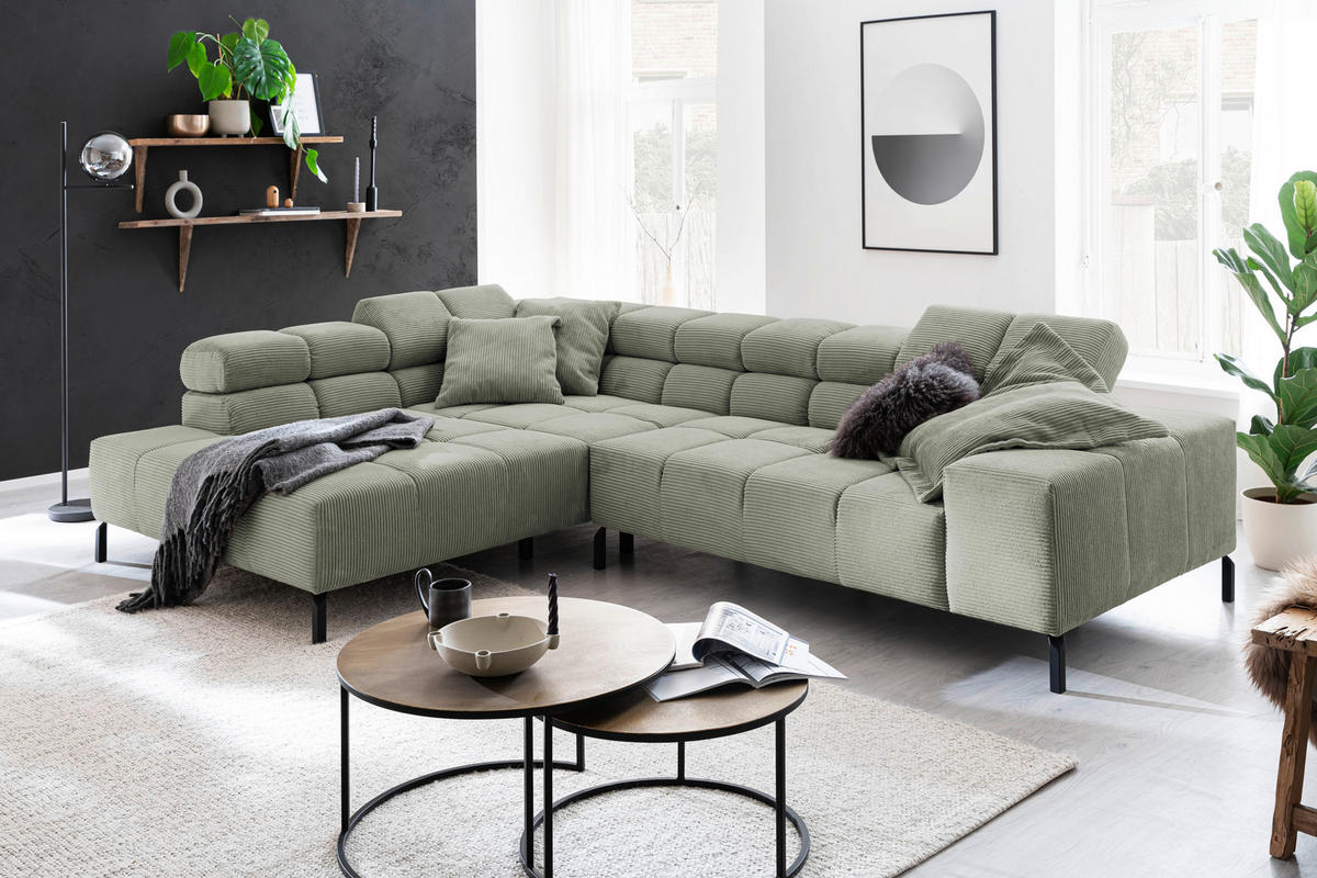 ECKSOFA in Cord Dunkelgrün  - Dunkelgrün/Schwarz, Design, Textil/Metall (216/321cm) - Hom`in