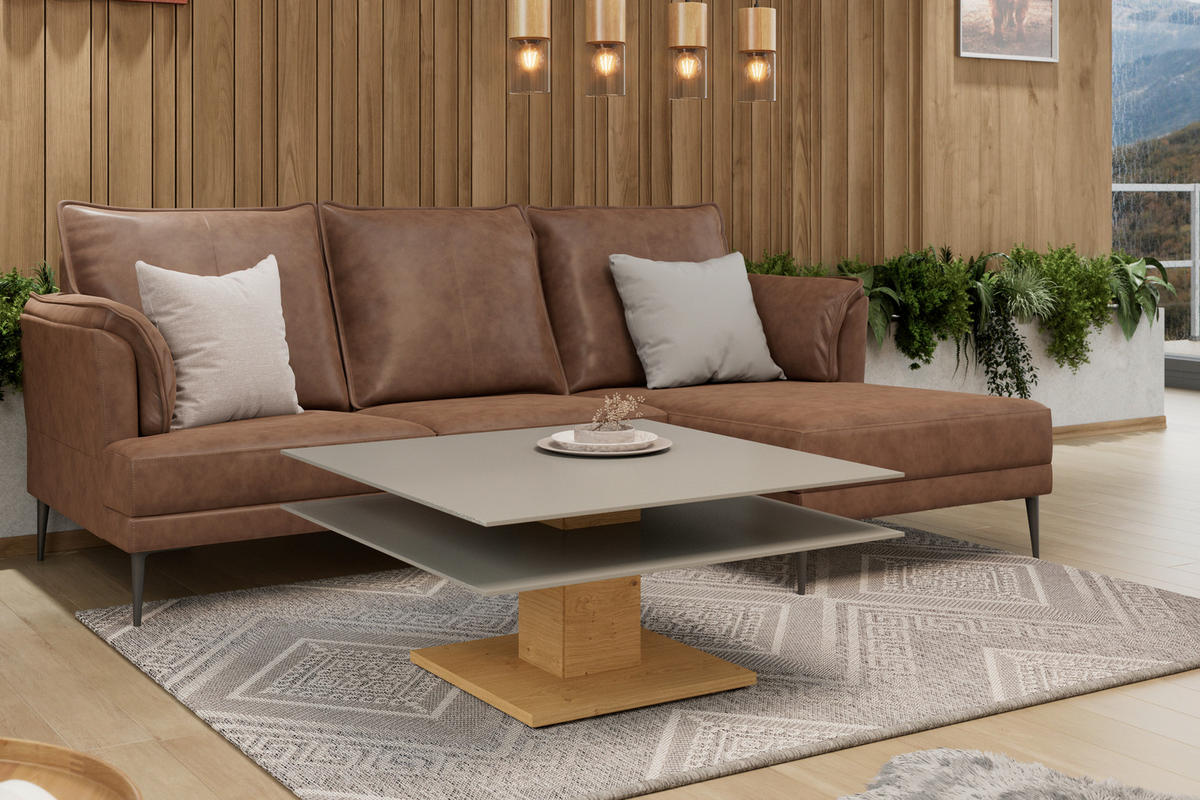 TABLE BASSE in Holz, Glas, Holzwerkstoff 90/90/43 cm  - Eichefarben/Grau, Design, Glas/Holz (90/90/43cm) - Voglauer