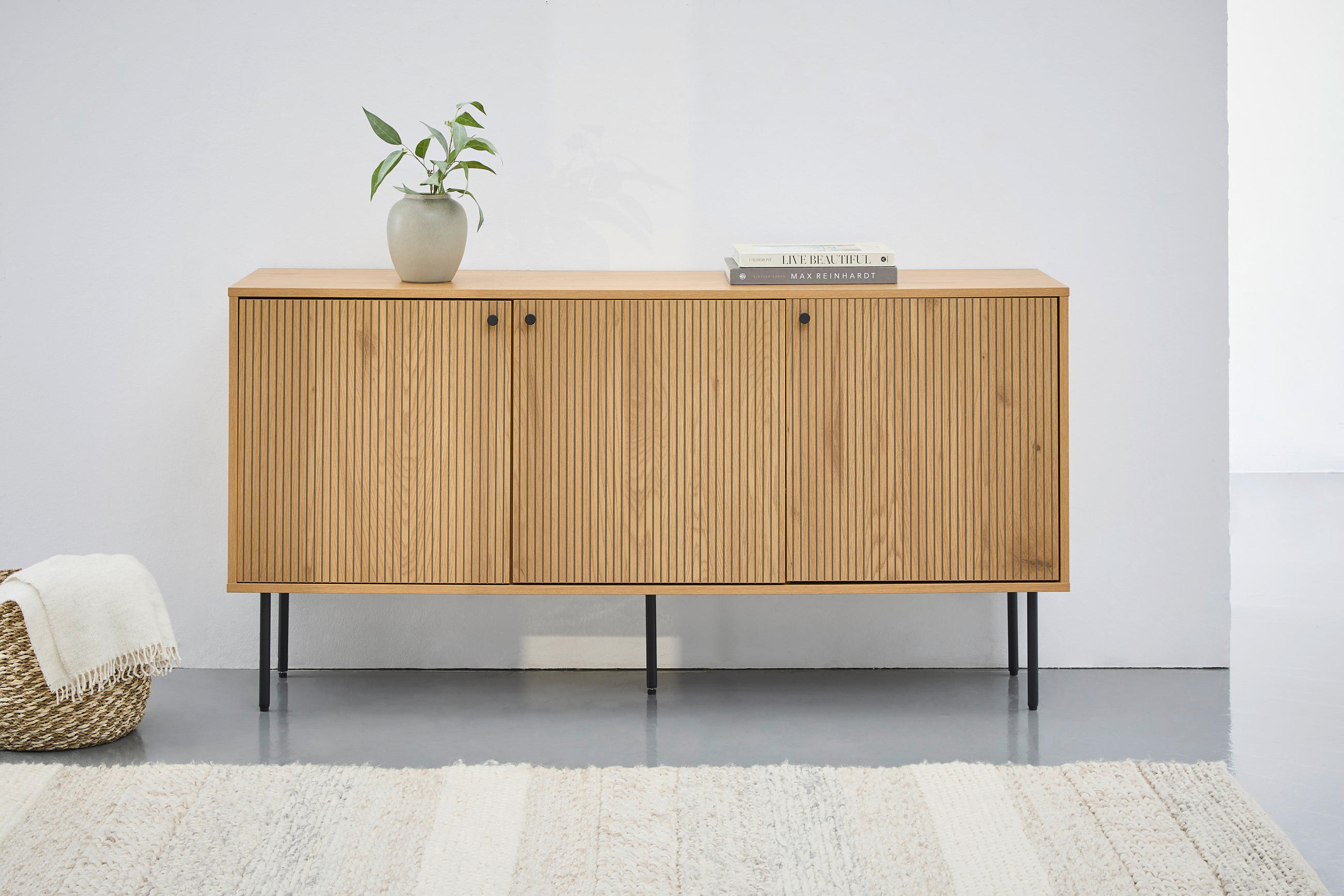 COMODĂ CU UȘI 150/75/40 cm  - culoare lemn stejar/negru, Design, metal/material pe bază de lemn (150/75/40cm) - Carryhome