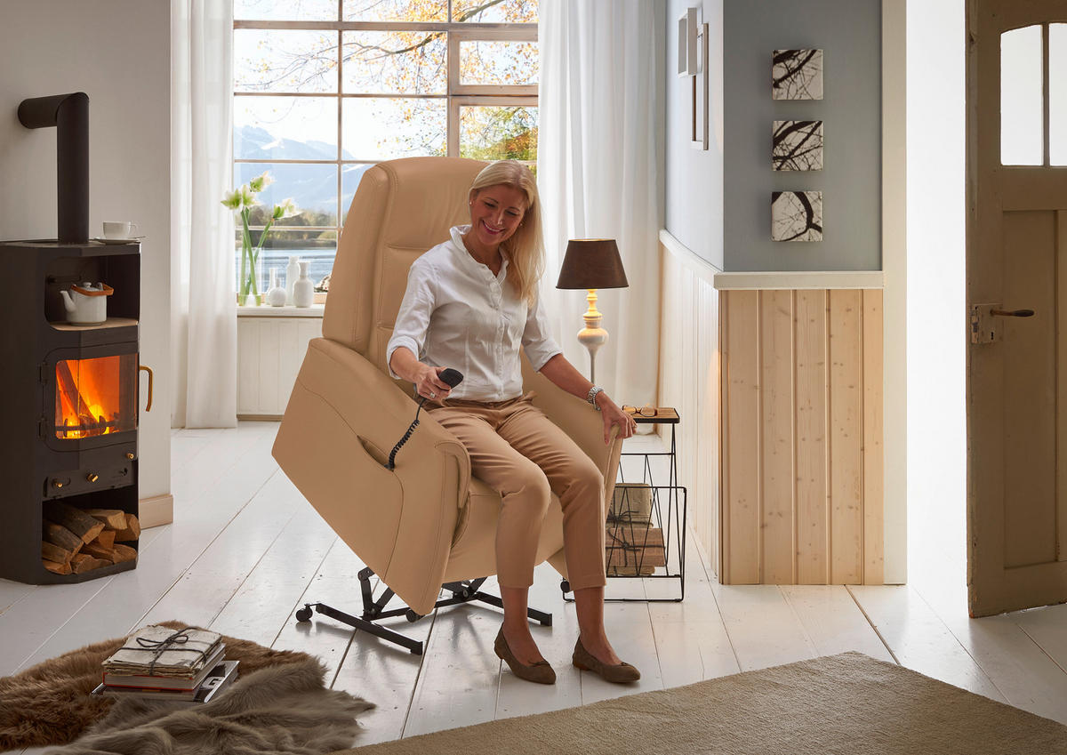 FERNSEHSESSEL Valdera  mit Relaxfunktion, Aufstehhilfe, Rücken echt Echtleder Hellbraun  - Hellbraun/Schwarz, KONVENTIONELL, Leder/Kunststoff (70/107/88cm) - Livetastic