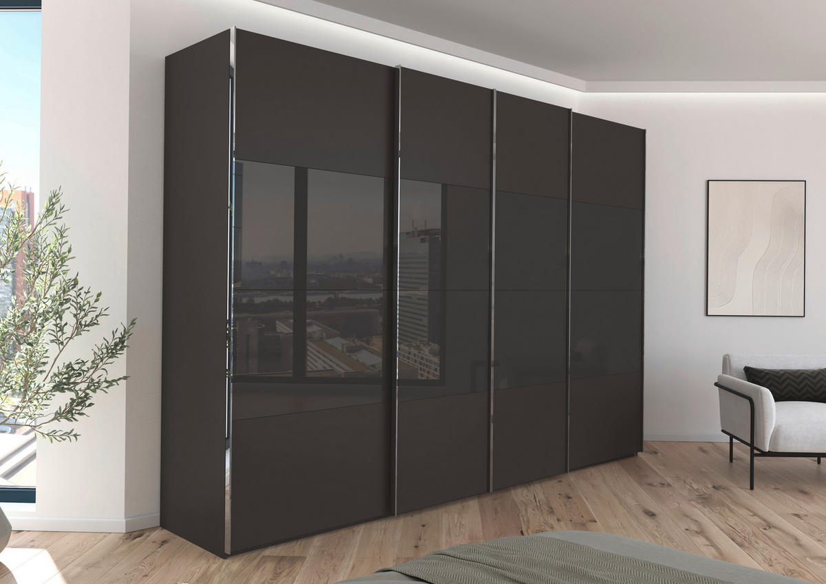 SCHWEBETÜRENSCHRANK 316/235/68 cm 4-türig Graphitfarben, Schwarz  - Chromfarben/Graphitfarben, KONVENTIONELL, Glas/Holzwerkstoff (316/235/68cm) - Novel