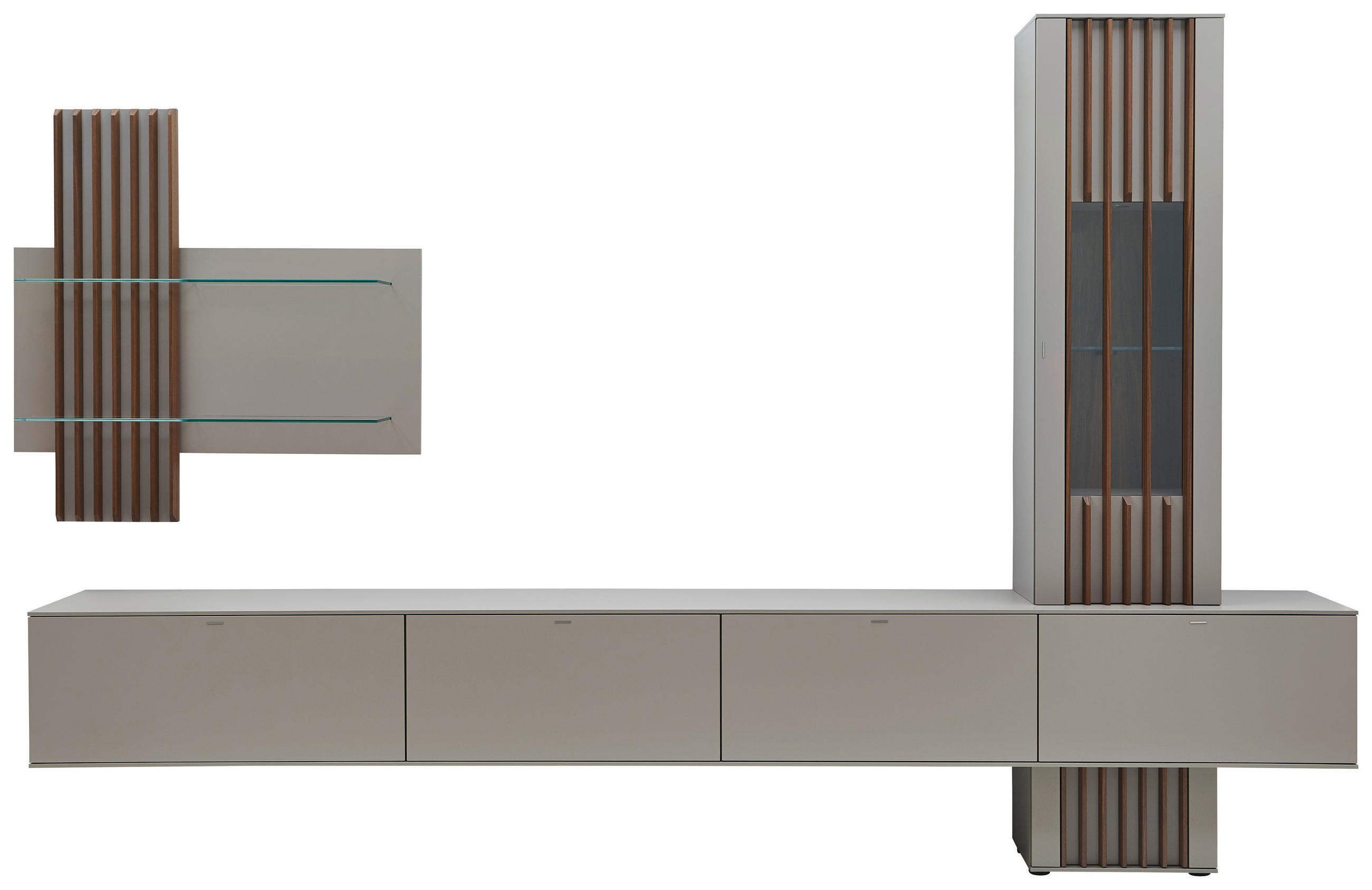 WOHNWAND Nussbaum furniert Grau, Nussbaumfarben - Nussbaumfarben/Grau, Design, Glas/Holz - Ambiente