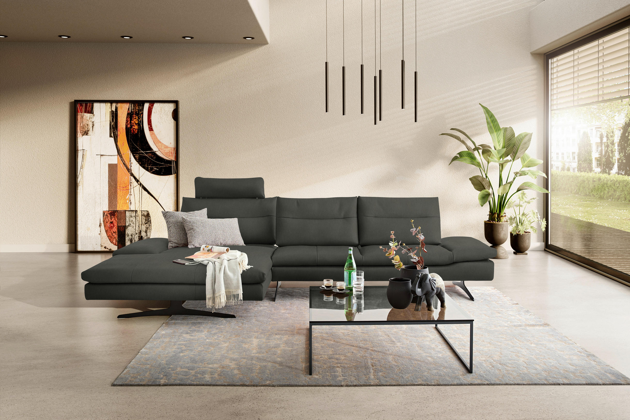 ECKSOFA in Echtleder Graphitfarben  158/342 cm  - Schwarz/Graphitfarben, MODERN, Leder/Metall (158/342cm) - Chilliano