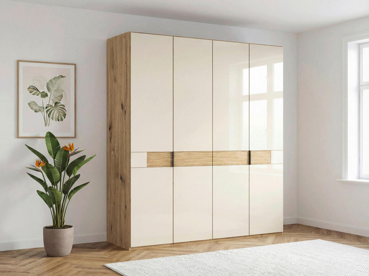 DREHTÜRENSCHRANK 200/216/58 cm,  in Champagner, Eiche Bianco, 4 Tür(en)  - Schieferfarben/Eiche Bianco, Design, Glas/Holz (200/216/58cm) - Musterring
