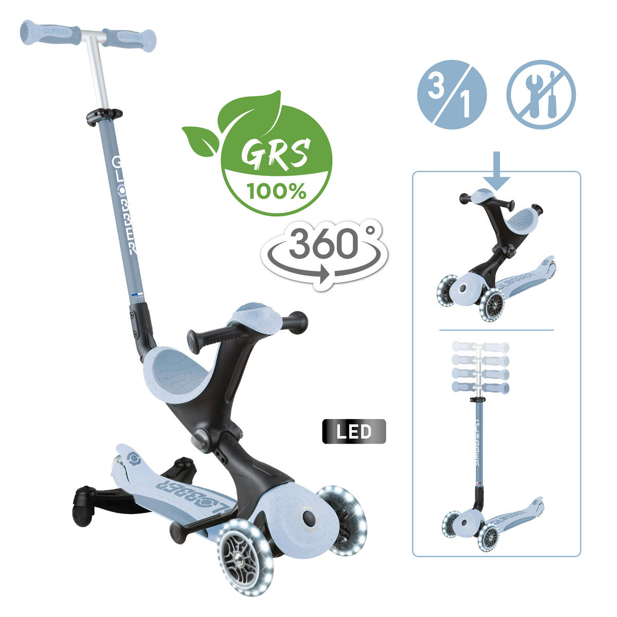 LAUFRAD GO-UP DELUXE LIGHTS ECO 360  - Pastellblau, Basics, Kunststoff/Metall (65/22/98,5cm) - GLOBBER