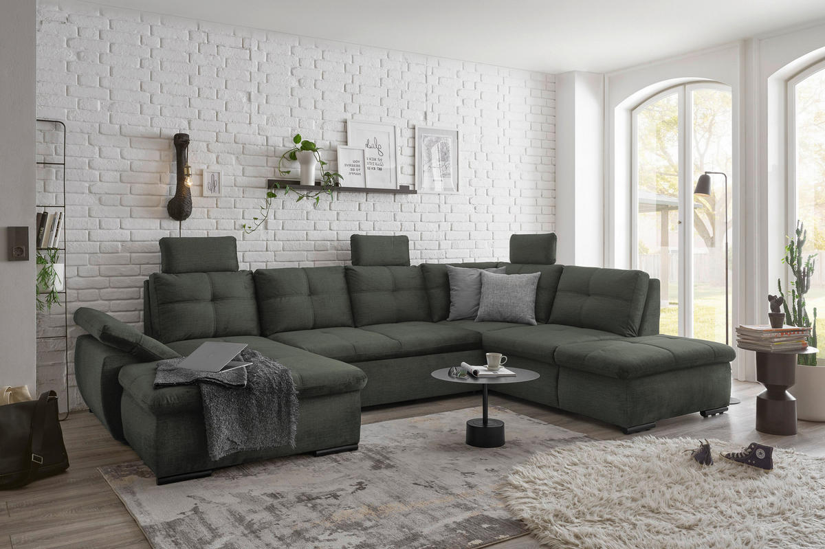 WOHNLANDSCHAFT in Mikrovelours Dunkelgrün  - Dunkelgrün/Schwarz, KONVENTIONELL, Kunststoff/Textil (127/334/217cm) - Carryhome