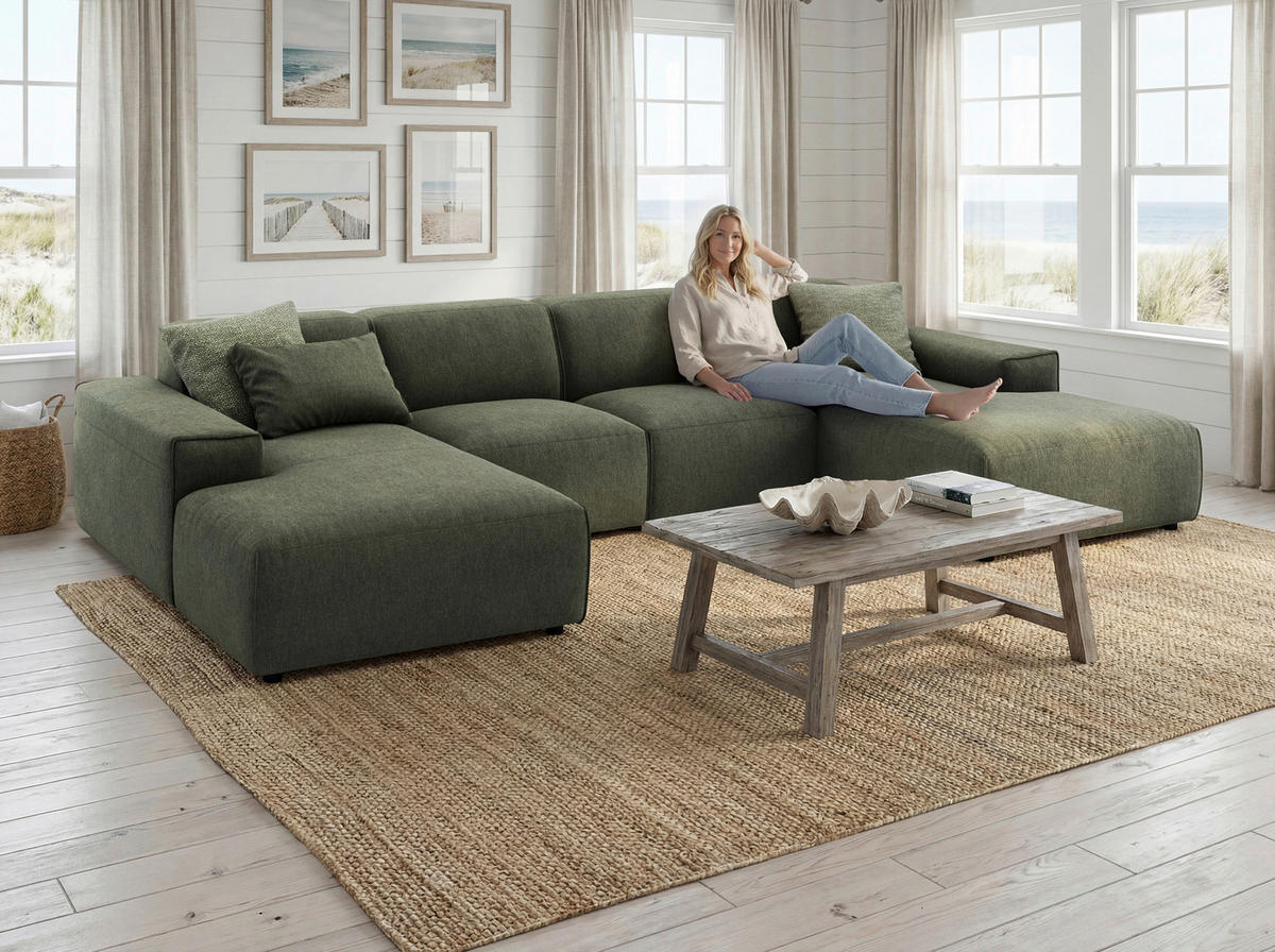 WOHNLANDSCHAFT Olivgrün Chenille  - Schwarz/Olivgrün, MODERN, Kunststoff/Textil (189/340/189cm) - Pure Home Lifestyle