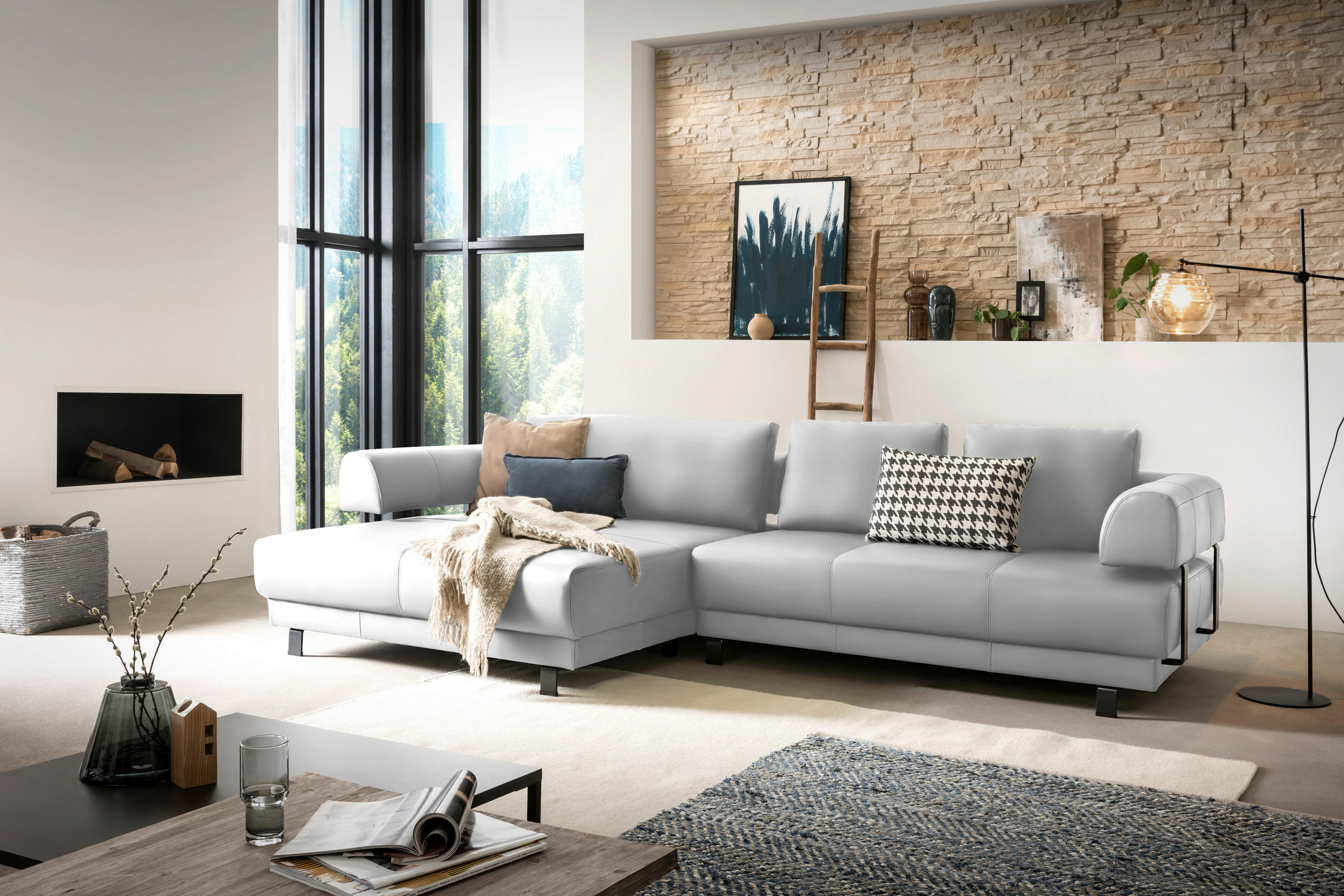 ECKSOFA Weiß Echtleder  - Schwarz/Weiß, Design, Leder/Metall (188/307cm)