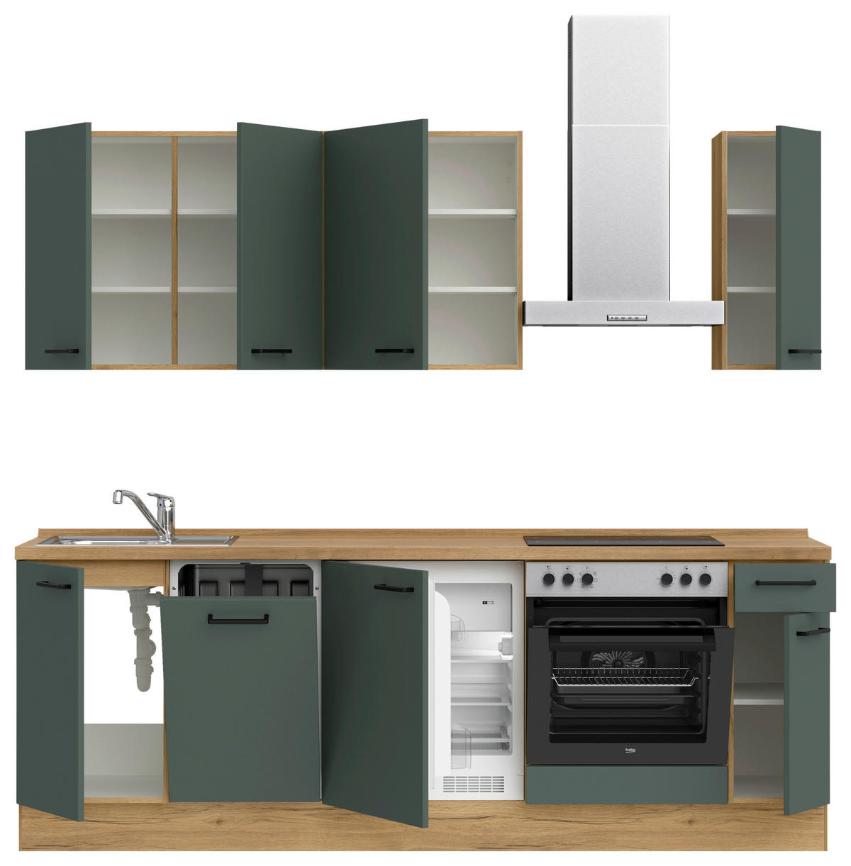 KÜCHENBLOCK Easytouch 240 cm  in Eichefarben, Dunkelgrün  - Dunkelgrün/Eichefarben, MODERN, Holzwerkstoff/Metall (240cm) - Nobilia