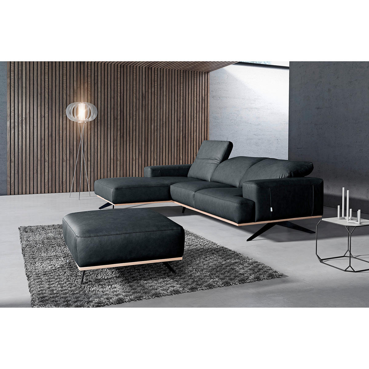 ECKSOFA  in Echtleder Blau Rücken echt, Kopfteilverstellung  187/295 cm  - Blau/Schwarz, Design, Leder/Metall (187/295cm) - Livetastic