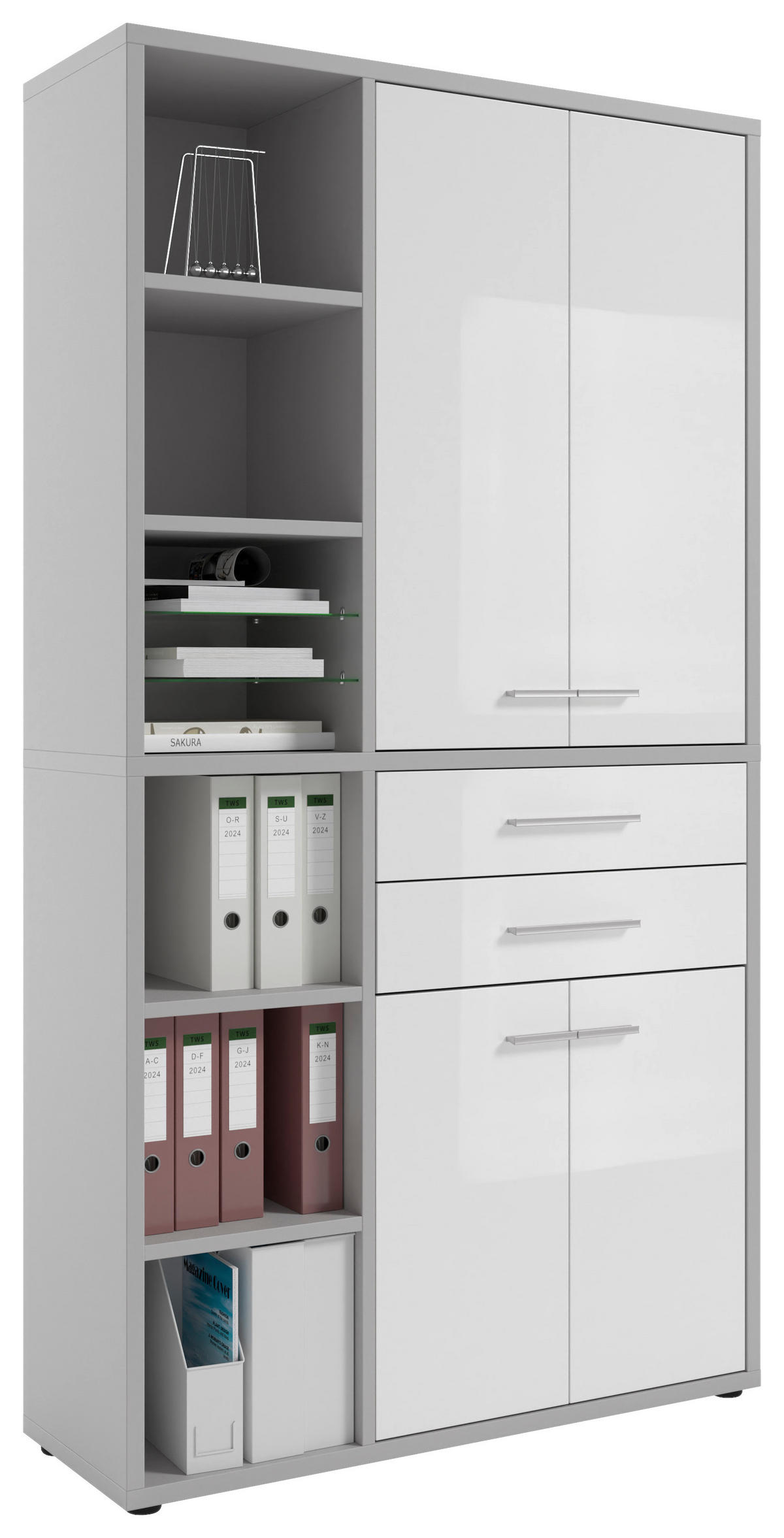 AKTENSCHRANK Weiß, Hellgrau  - Hellgrau/Weiß, MODERN, Glas/Holzwerkstoff (116,5/215,4/40cm)