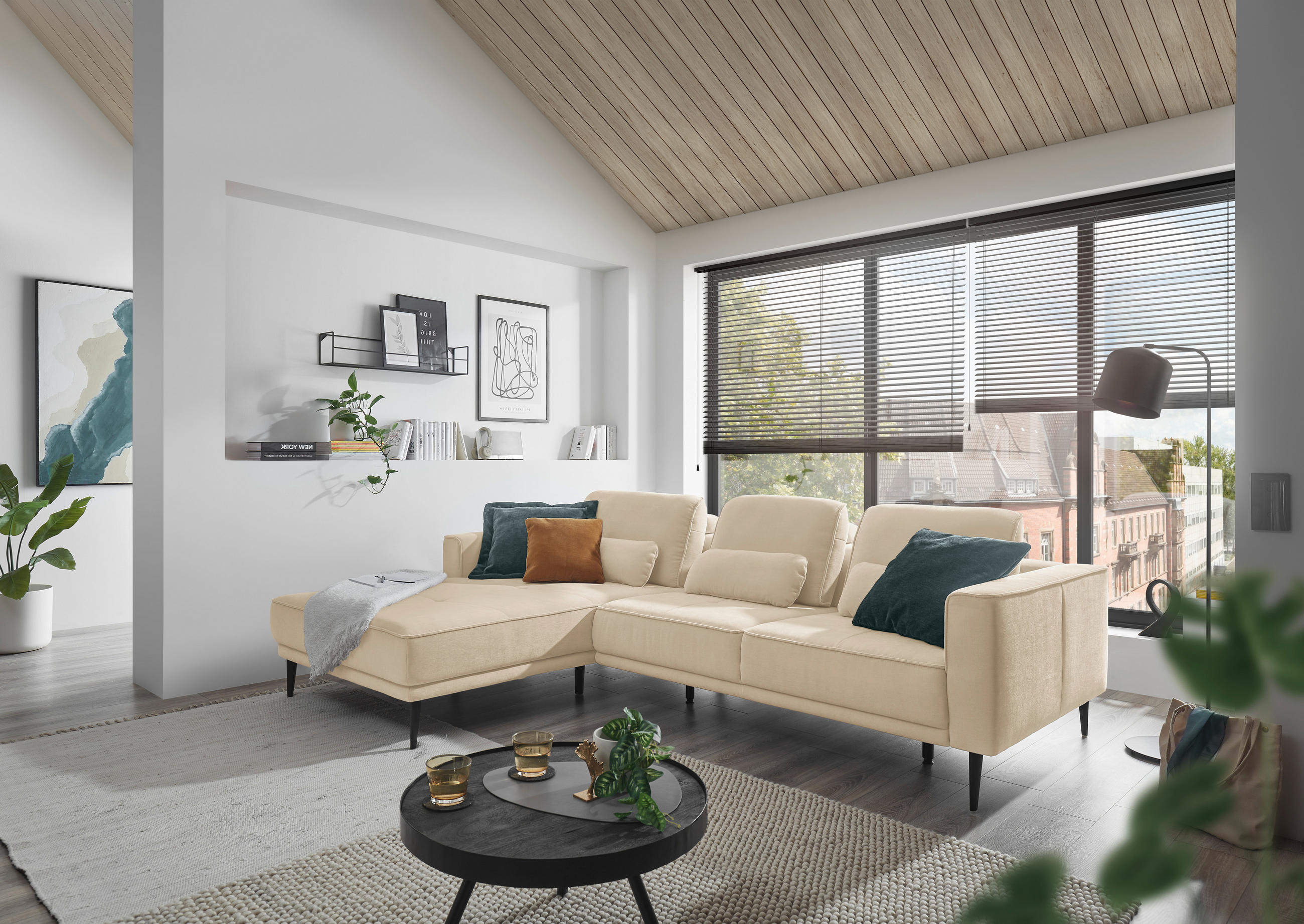 ECKSOFA Naturfarben Flachgewebe  - Schwarz/Naturfarben, KONVENTIONELL, Textil/Metall (193/279cm) - SetOne by Musterring