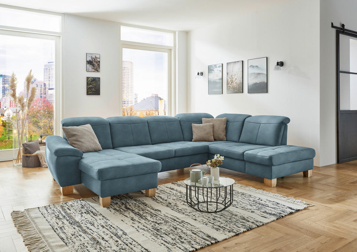 WOHNLANDSCHAFT in Mikrofaser Hellblau  - Wildeiche/Beige, Konventionell, Holz/Textil (185/343/243cm) - Voleo