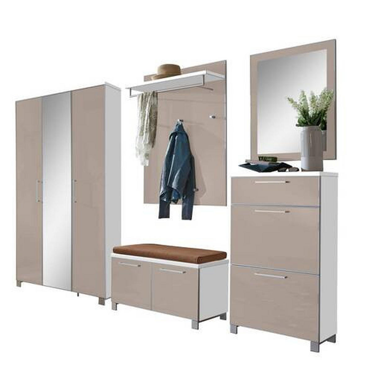 GARDEROBE 6-teilig  in 245/195/40 cm  - Taupe/Weiss, Design, Glas/Holzwerkstoff (245/195/40cm)