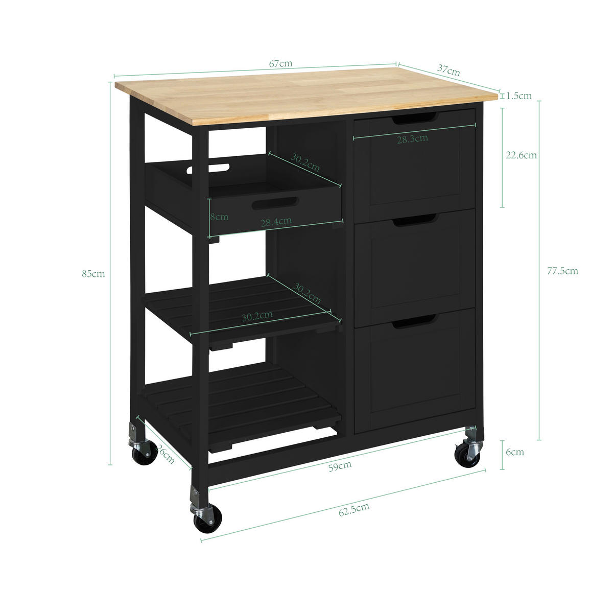 KÜCHENINSEL   in Naturfarben, Schwarz  - Schwarz/Naturfarben, Basics, Holz/Holzwerkstoff (67/84/37cm) - MID.YOU