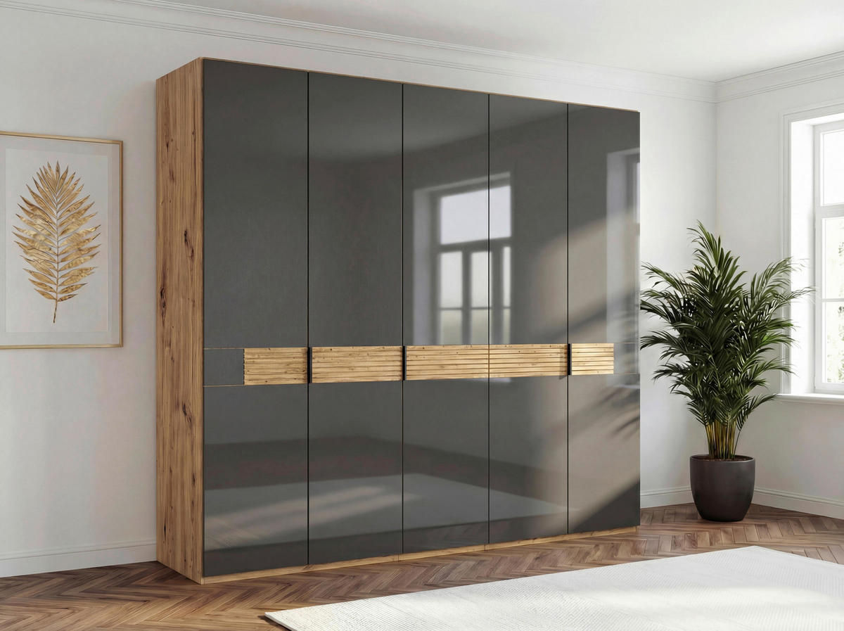 DREHTÜRENSCHRANK 250/216/58 cm,  in Braun, Eiche Bianco, 5 Tür(en)  - Schieferfarben/Eiche Bianco, Design, Glas/Holz (250/216/58cm) - Musterring