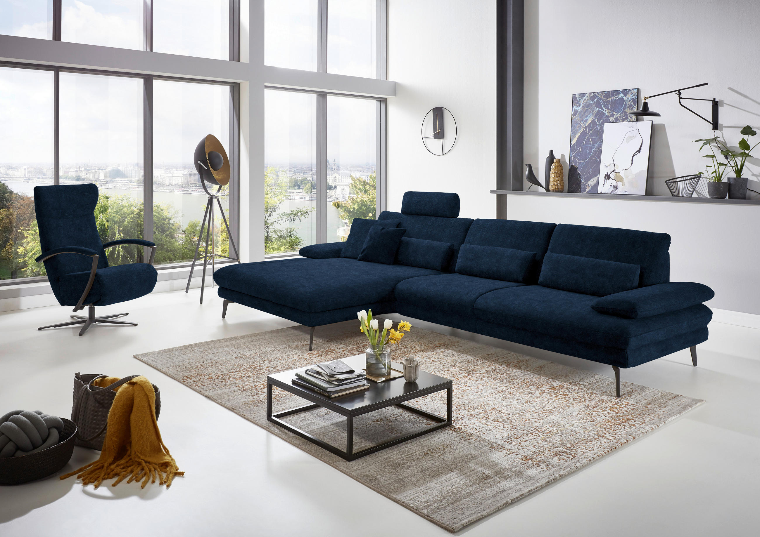 ECKSOFA in Velours Dunkelblau - Schwarz/Dunkelblau, Design, Textil/Metall (180/310cm) - Dieter Knoll