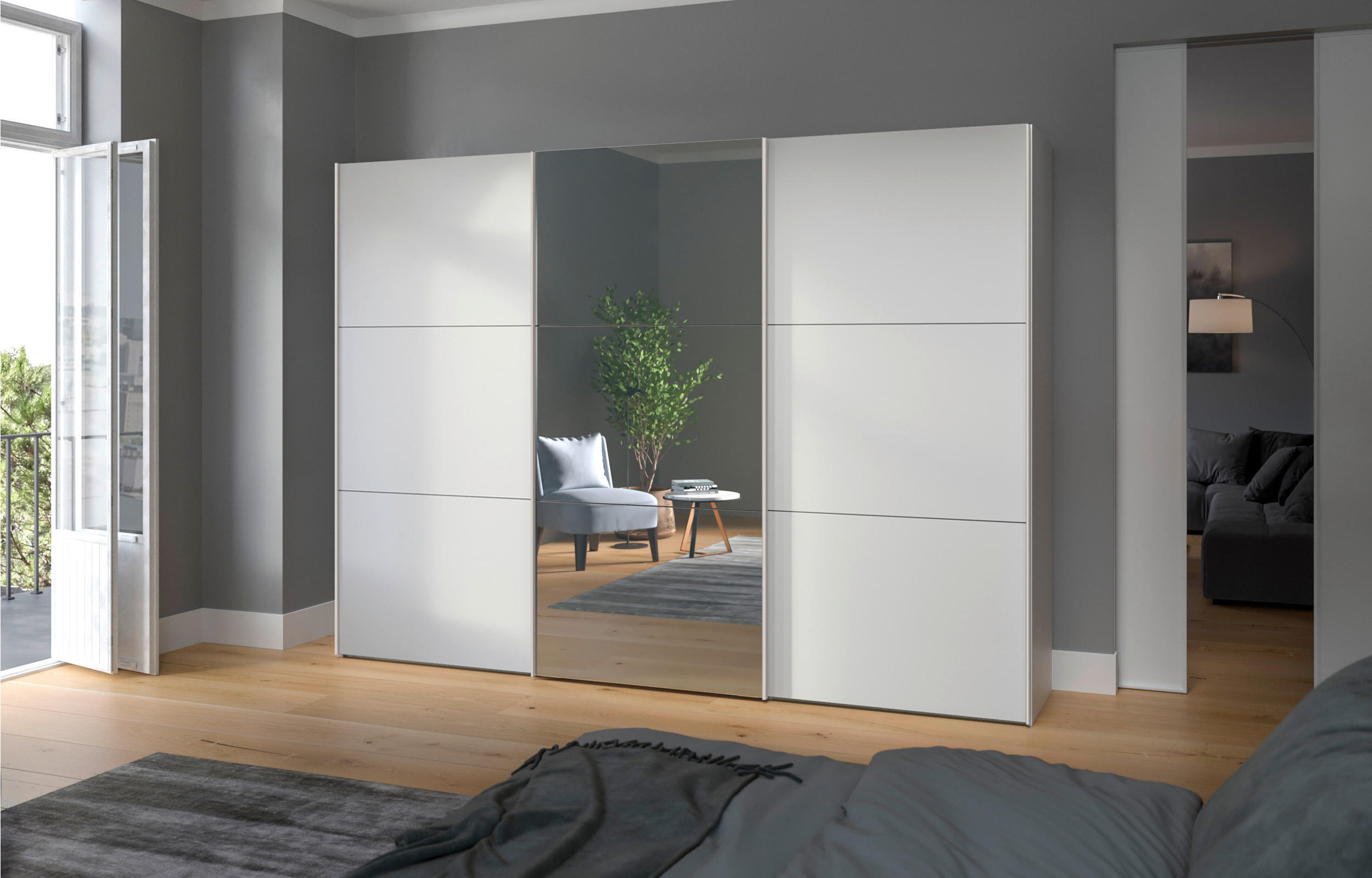 SCHWEBETÜRENSCHRANK 303/215/65 cm 3-türig Weiß  - Edelstahlfarben/Weiß, Design, Glas/Holzwerkstoff (303/215/65cm) - Boxxx