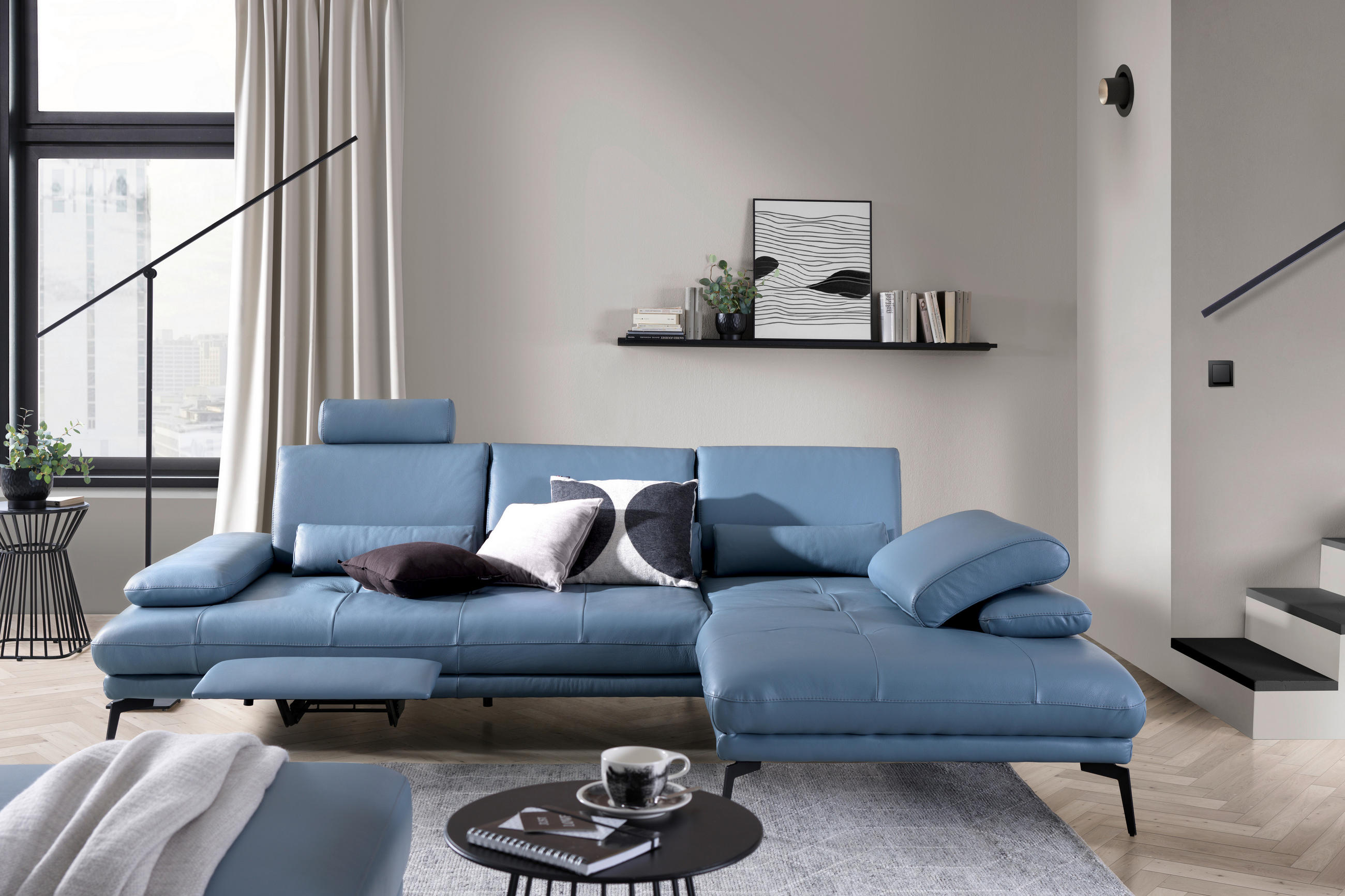 ECKSOFA Graublau Echtleder  - Graublau/Schwarz, Design, Leder/Metall (273/187cm) - Celina Home