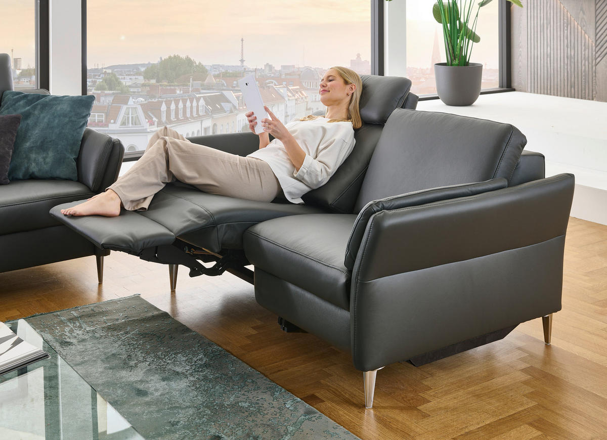 2,5-SITZER Echtleder Anthrazit  - Anthrazit/Alufarben, Konventionell, Leder/Metall (164/84/99cm) - Dieter Knoll